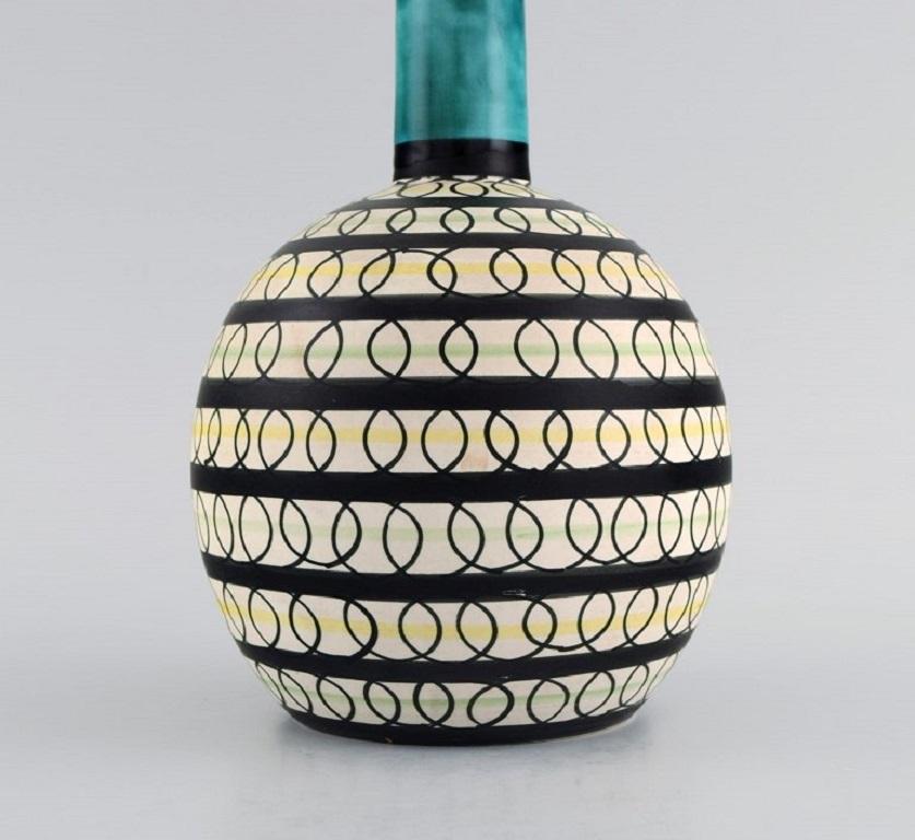 Mid-20th Century Swedish ceramicist, Unique vase in glazed stoneware, Colorful decoration For Sale