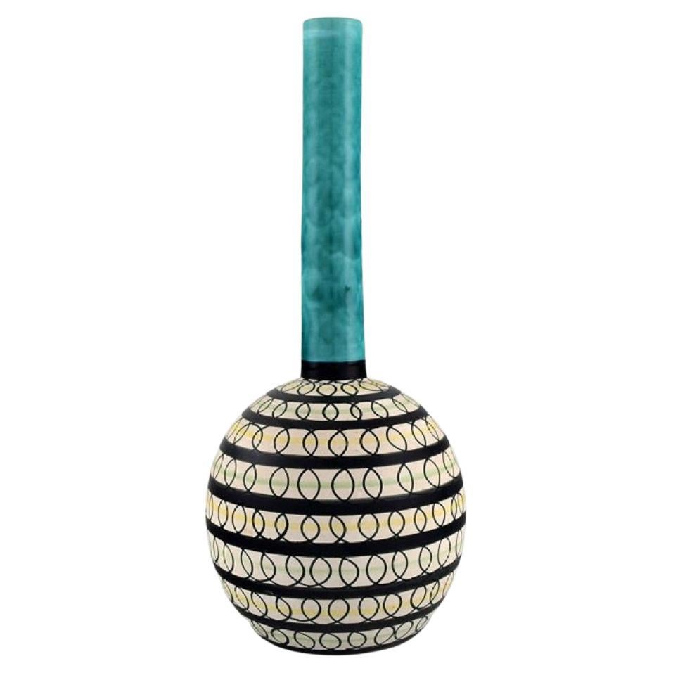 Swedish ceramicist, Unique vase in glazed stoneware, Colorful decoration For Sale