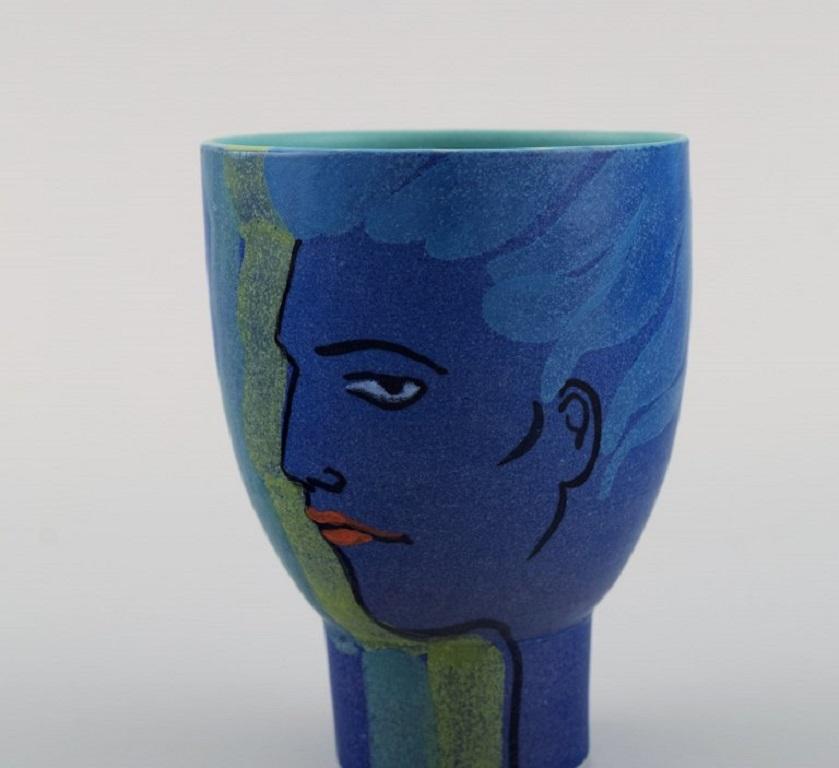 Swedish ceramicist. Unique vase in hand-painted and glazed ceramics. Woman in profile. 
Late 20th century.
Measures: 9.6 x 7.5 cm.
In excellent condition.
Signed.