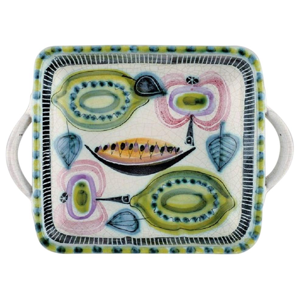 Swedish Ceramist, Dish with Handles in Glazed Ceramic, Mid-20th Century