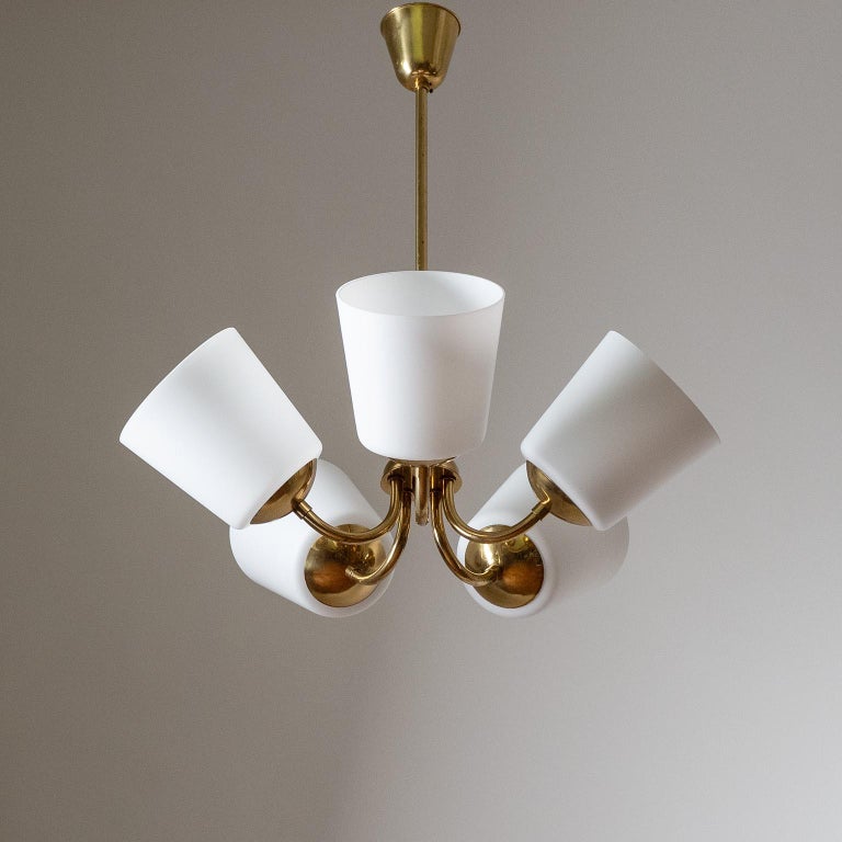 Mid-20th Century Swedish Chandelier, 1950s, Brass and Satin Glass