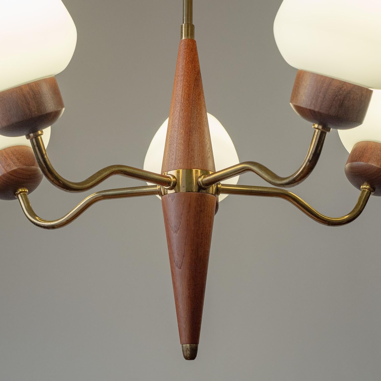Swedish Chandelier, 1950s, Teak, Brass and Satin Glass In Good Condition In Vienna, AT