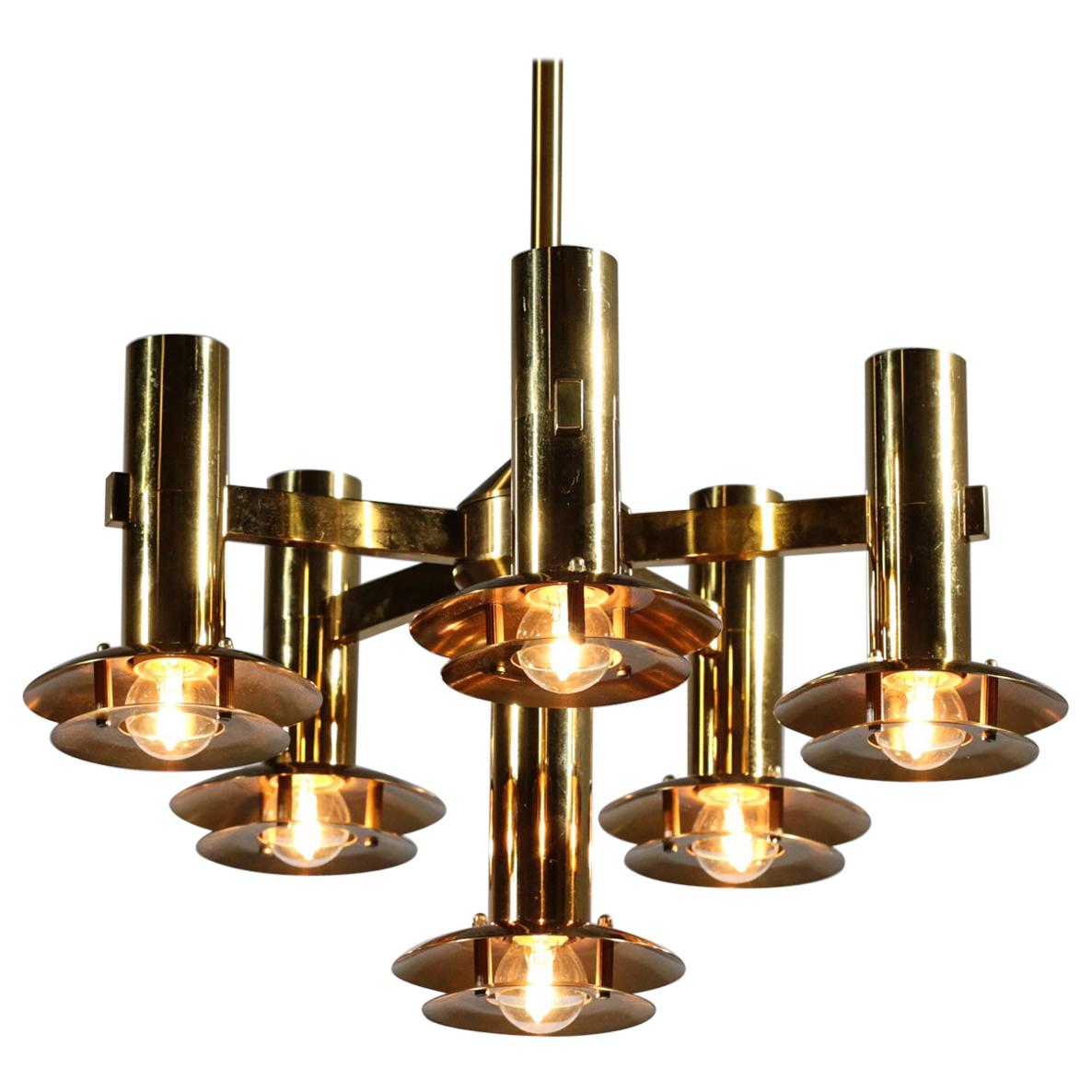 Swedish Chandelier in Brass & Glass by Holger Johansson for Westal Swedish Chandelier in Brass & Glass by Holger Johansson for Westal
