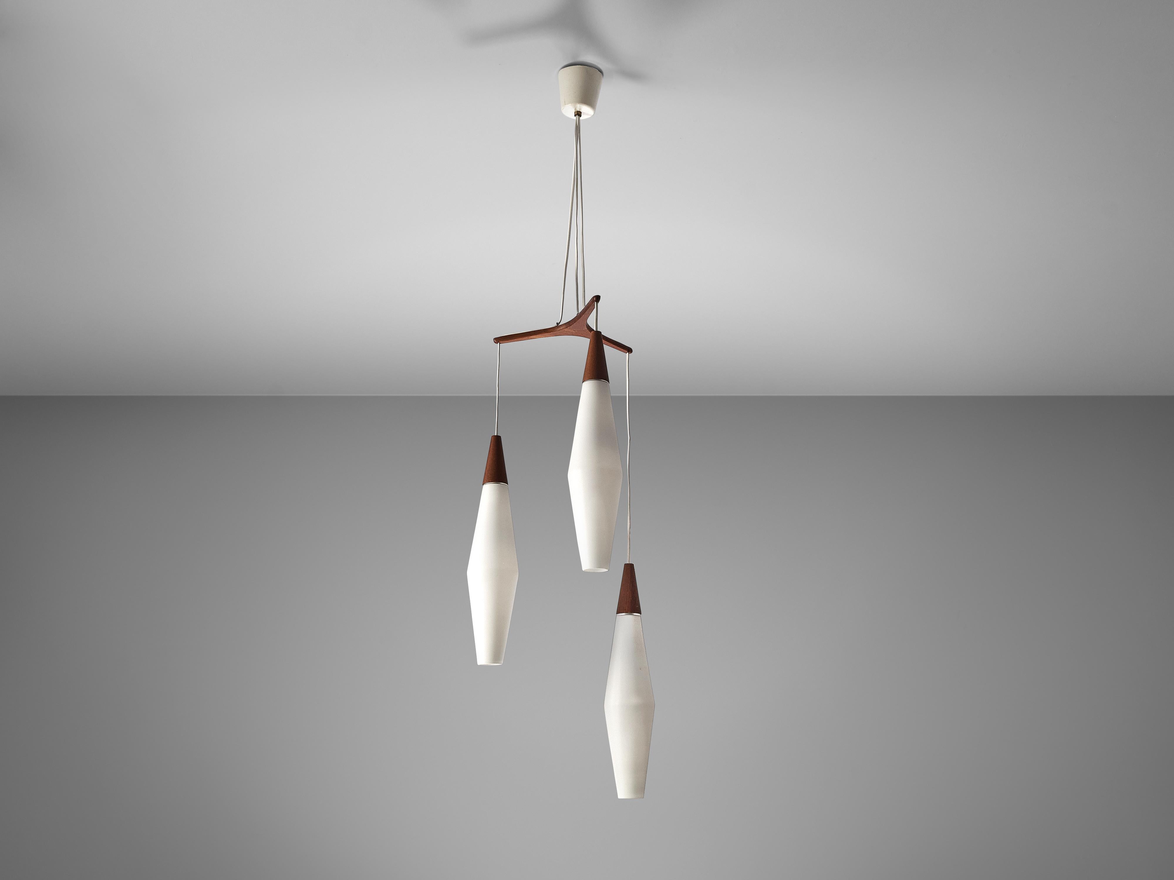 Swedish Uno & Östen Kristiansson Chandelier in Opaline Glass and Teak