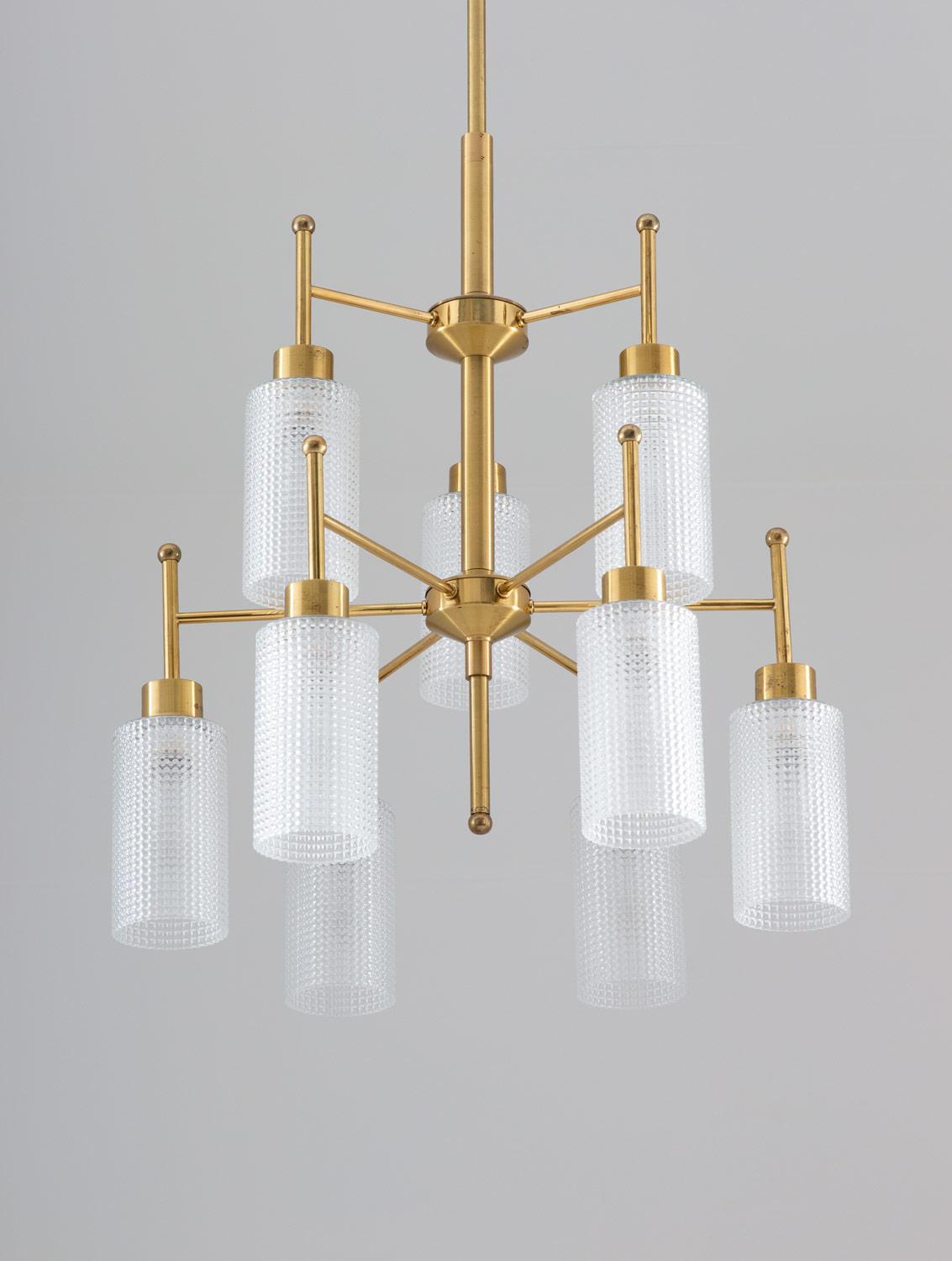 Scandinavian Modern Swedish Chandeliers in Brass and Glass by Holger Johansson For Sale