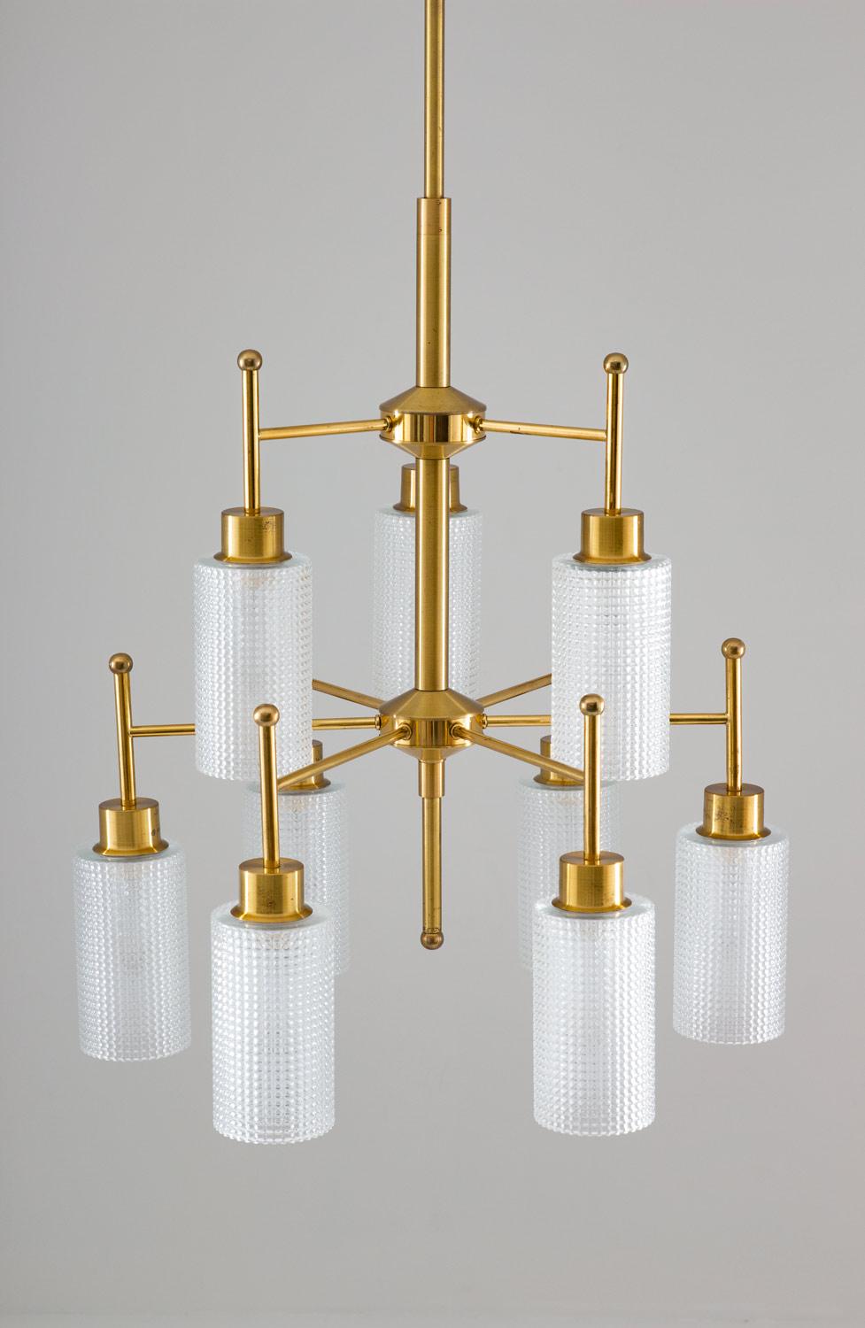 20th Century Swedish Chandeliers in Brass and Glass by Holger Johansson For Sale