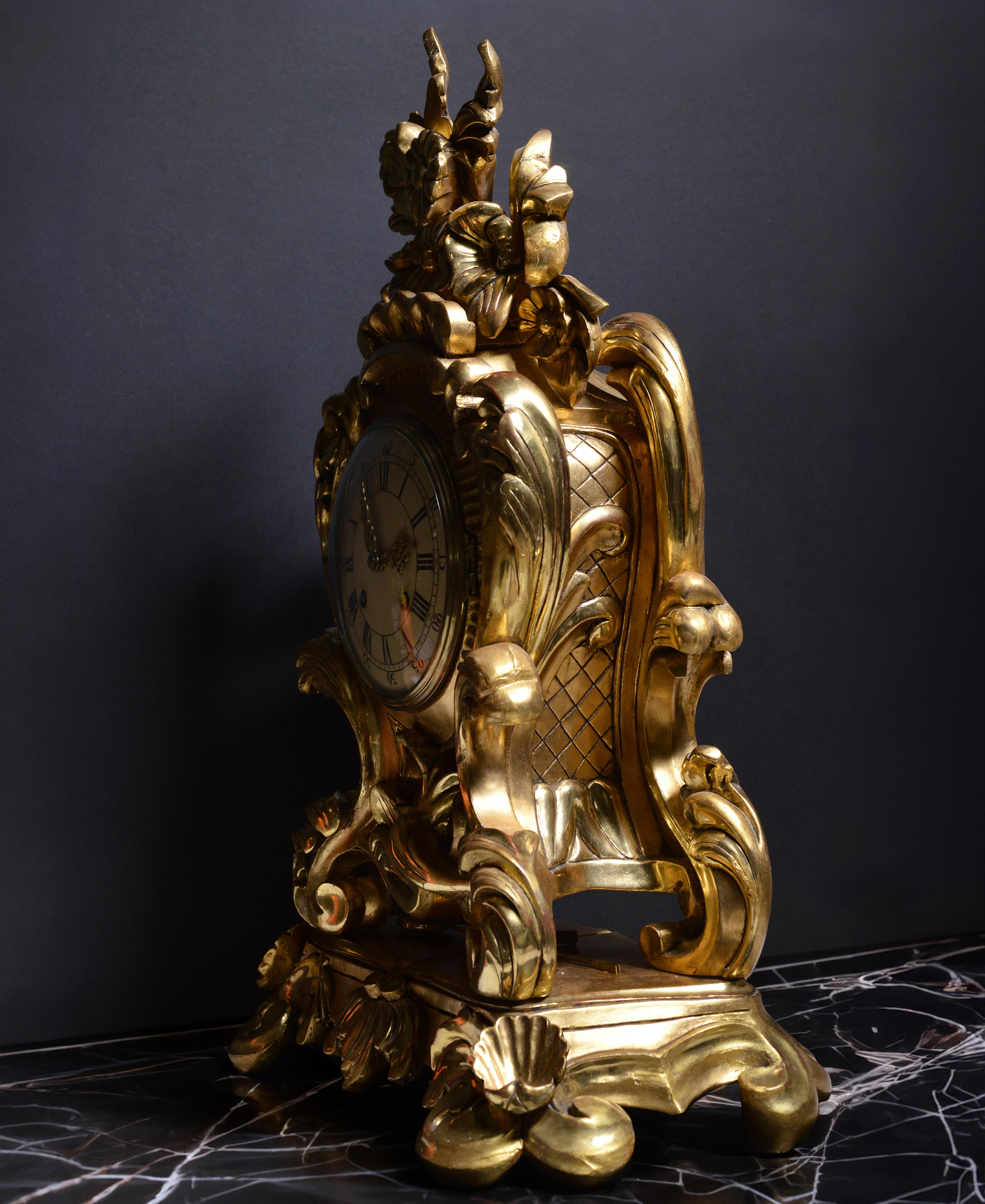 Gold Swedish Clock by Westerstand Carved Gilt Wood Rococo Style mid 20th century For Sale
