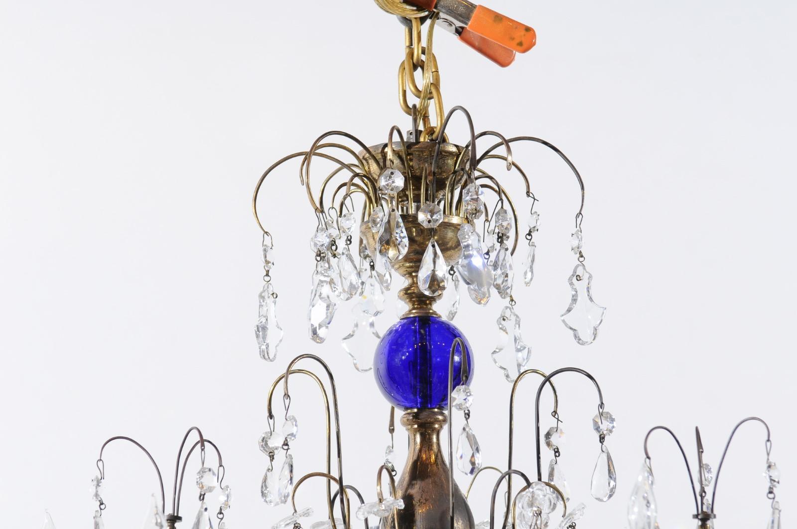 Brass Swedish Cobalt Blue Glass and Crystal Chandelier, circa 1880