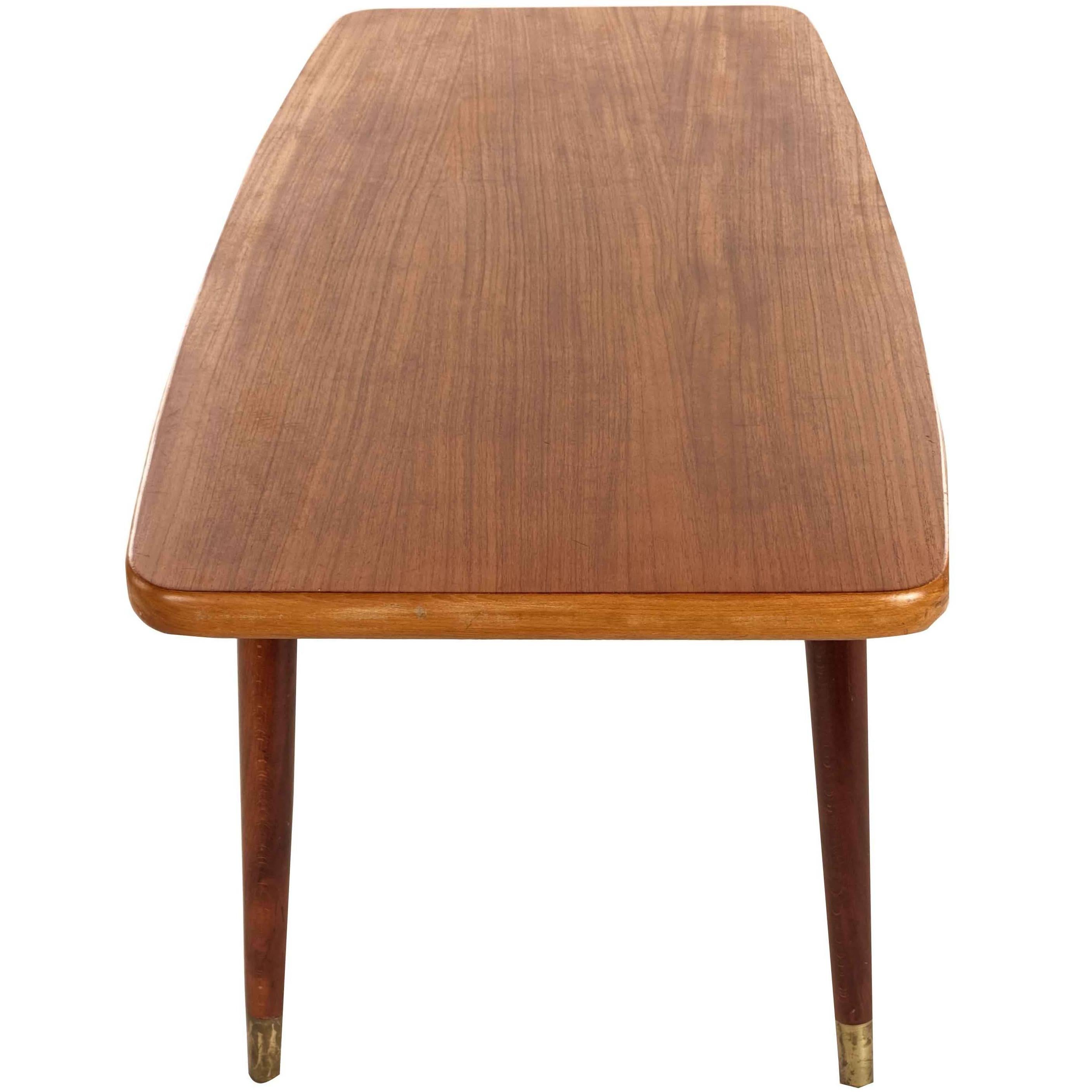 Swedish Coffee Table in Teak and Birch with Brass Capped Legs, 1950s For Sale