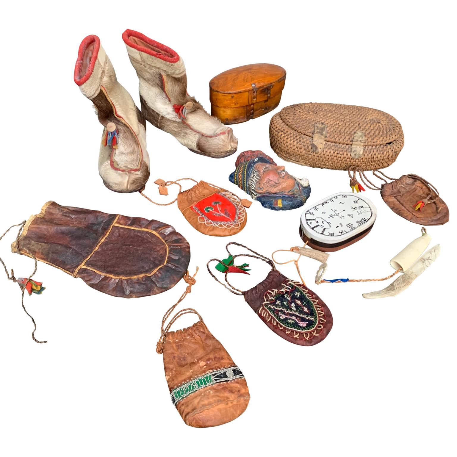 A collection of 11 Swedish pieces handcrafted object from the Northern geographical region of Scandinavia. Most probably from Sweden, but the Lappland area, (where the local native people called Sami still live by old traditions and costumes),
