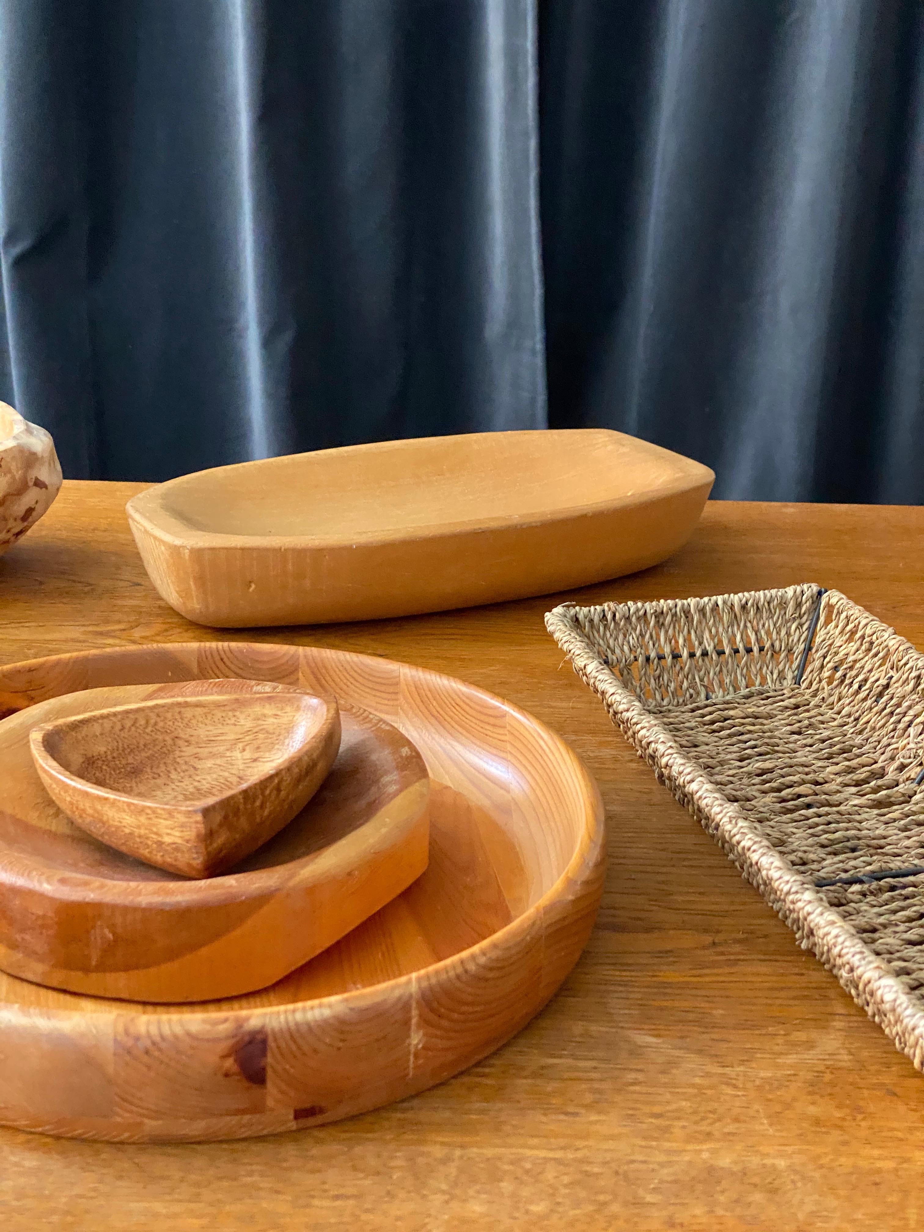 Mid-Century Modern Swedish, Collection of Bowls, Dishes, Trays, Wood, Rope, Rattan, Midcentury