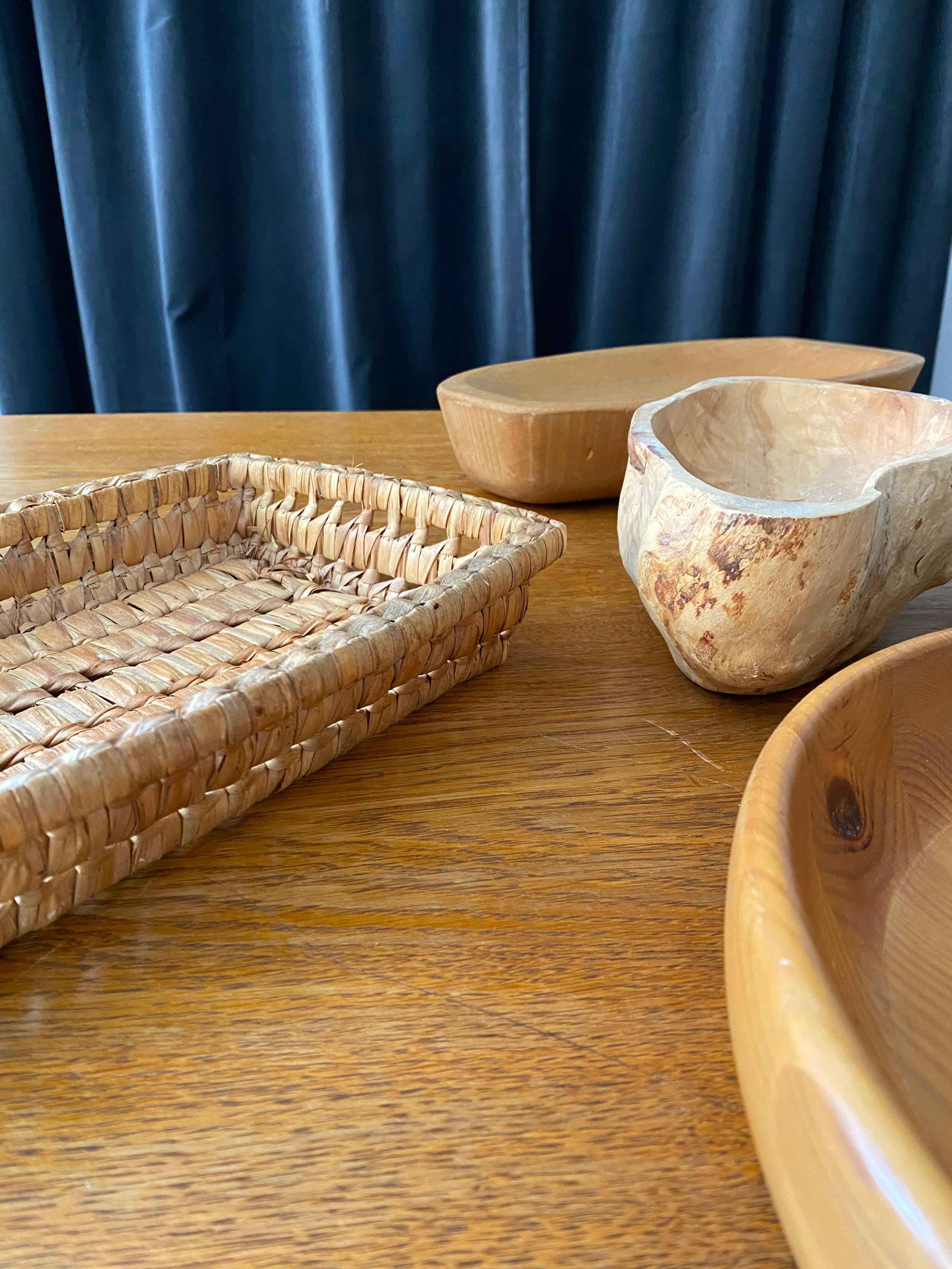 Swedish, Collection of Bowls, Dishes, Trays, Wood, Rope, Rattan, Midcentury In Good Condition In High Point, NC