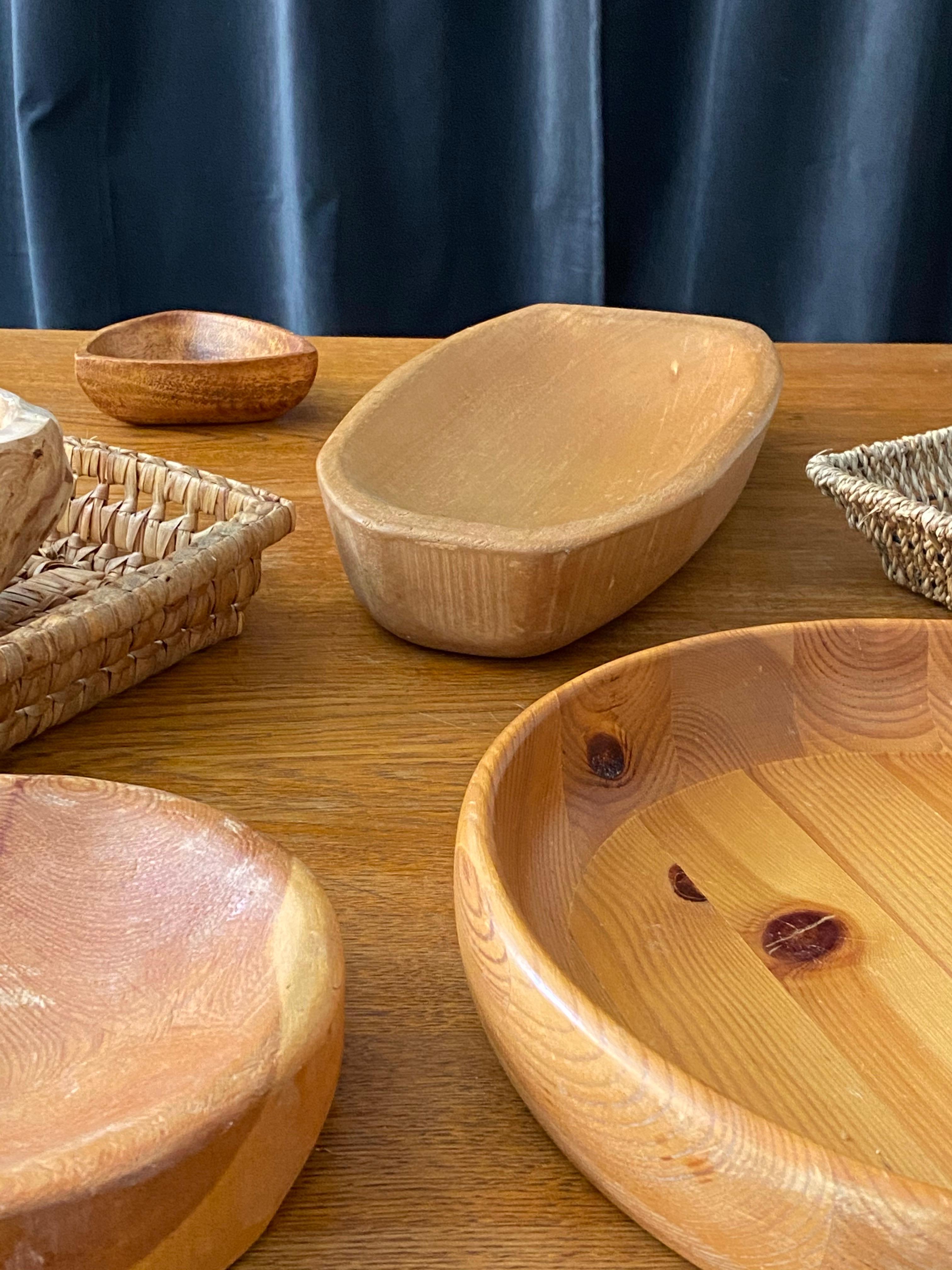 Mid-20th Century Swedish, Collection of Bowls, Dishes, Trays, Wood, Rope, Rattan, Midcentury