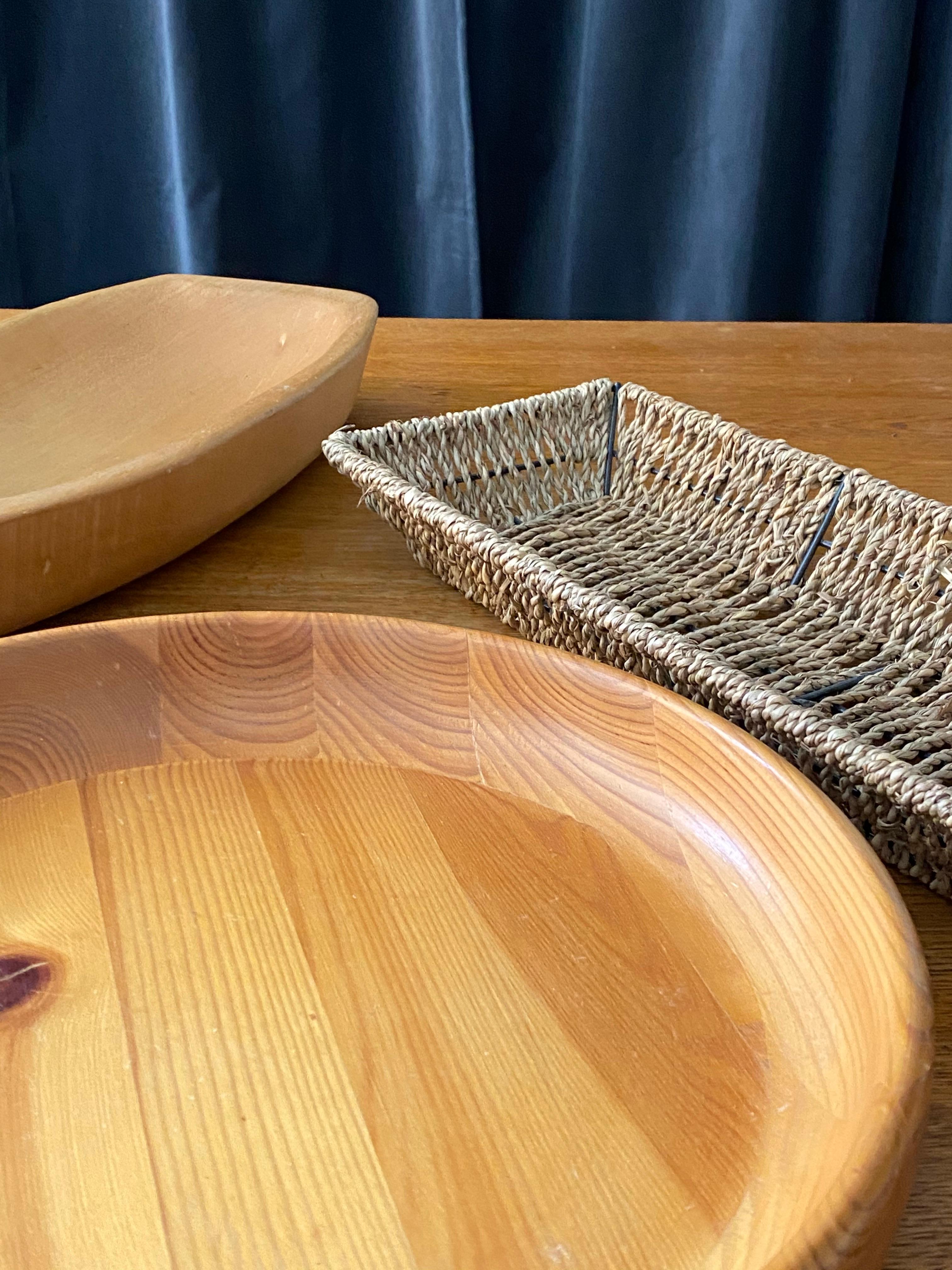 Swedish, Collection of Bowls, Dishes, Trays, Wood, Rope, Rattan, Midcentury 1
