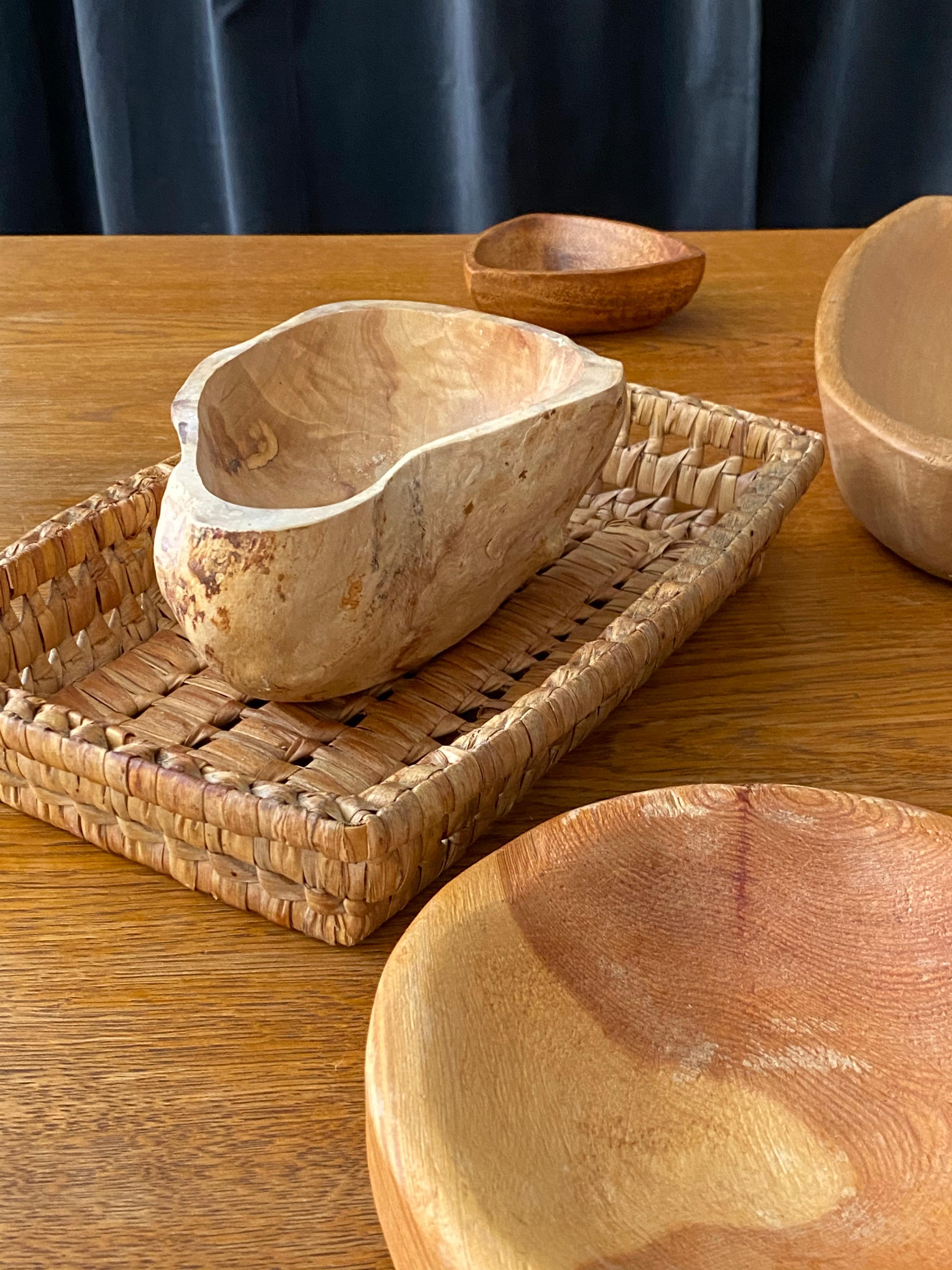 Swedish, Collection of Bowls, Dishes, Trays, Wood, Rope, Rattan, Midcentury 2