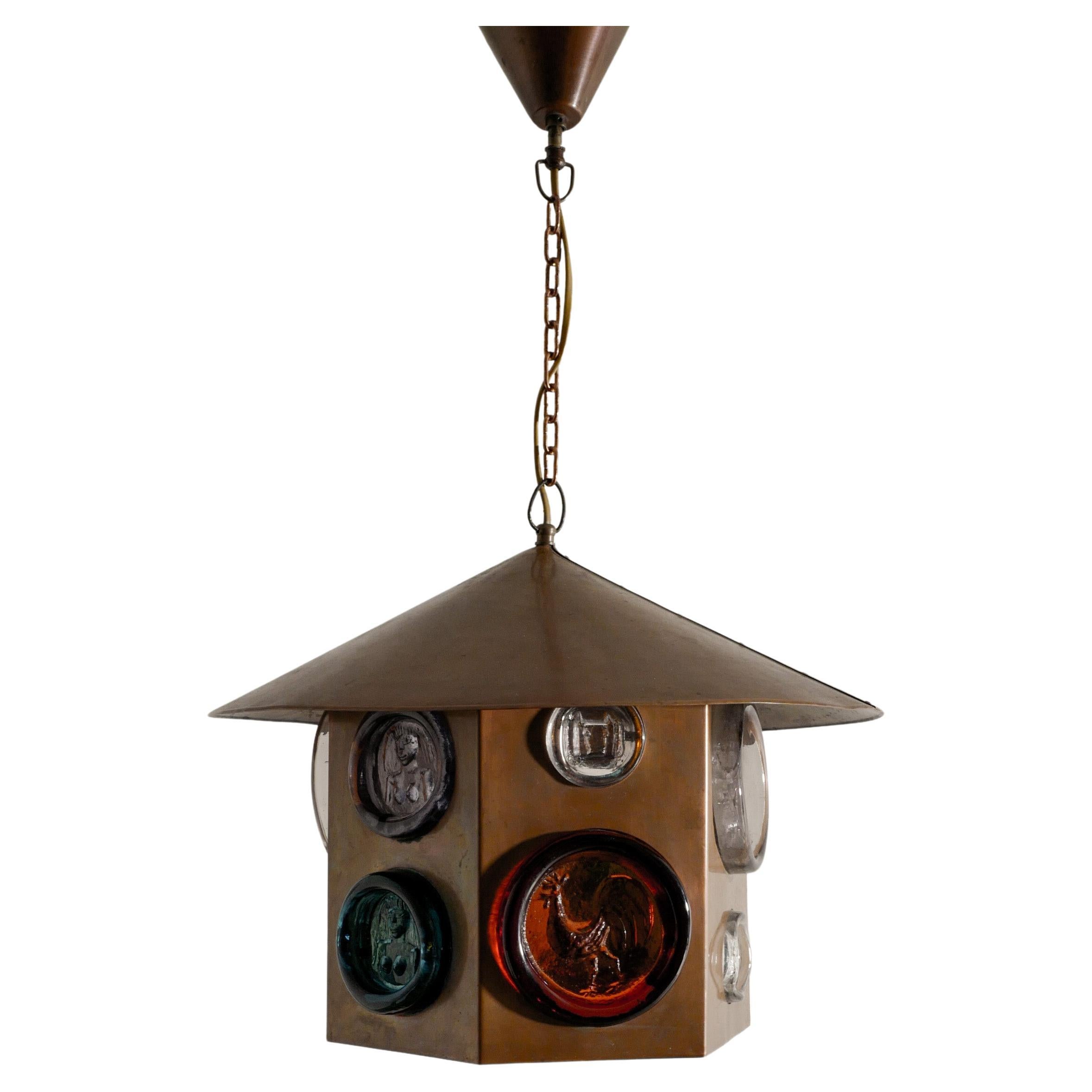 Swedish Copper & Glass Chandelier Pendant by Erik Höglund Produced by Boda 1960s