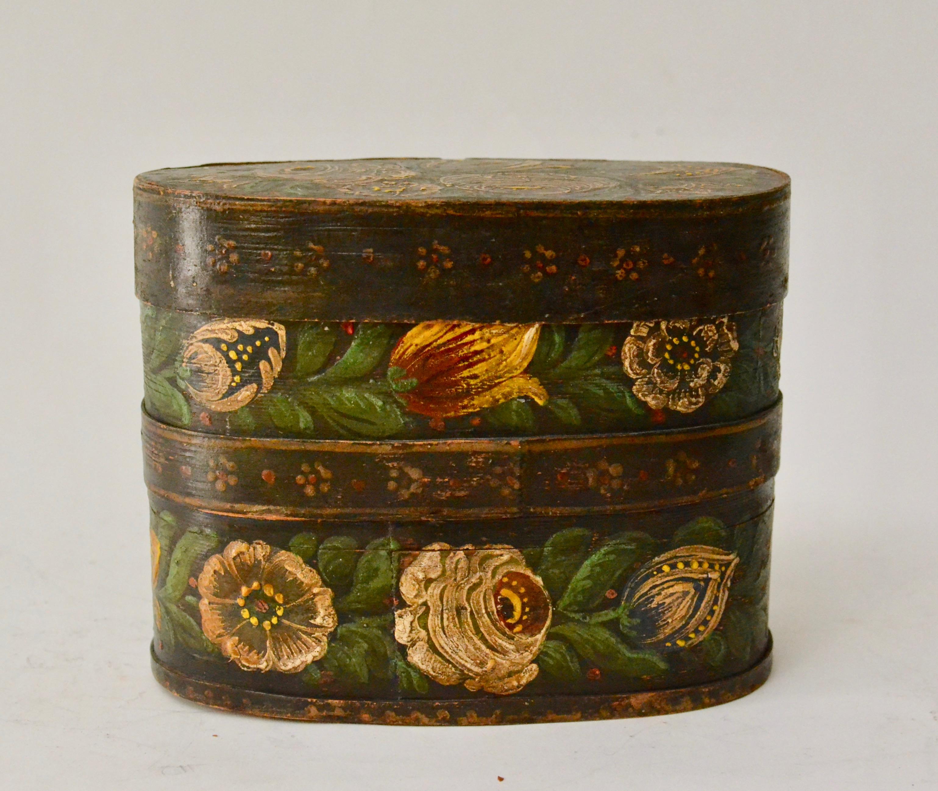 Folk Art Swedish Country/Folkart Flower  Painted Wood Box, 19th Century