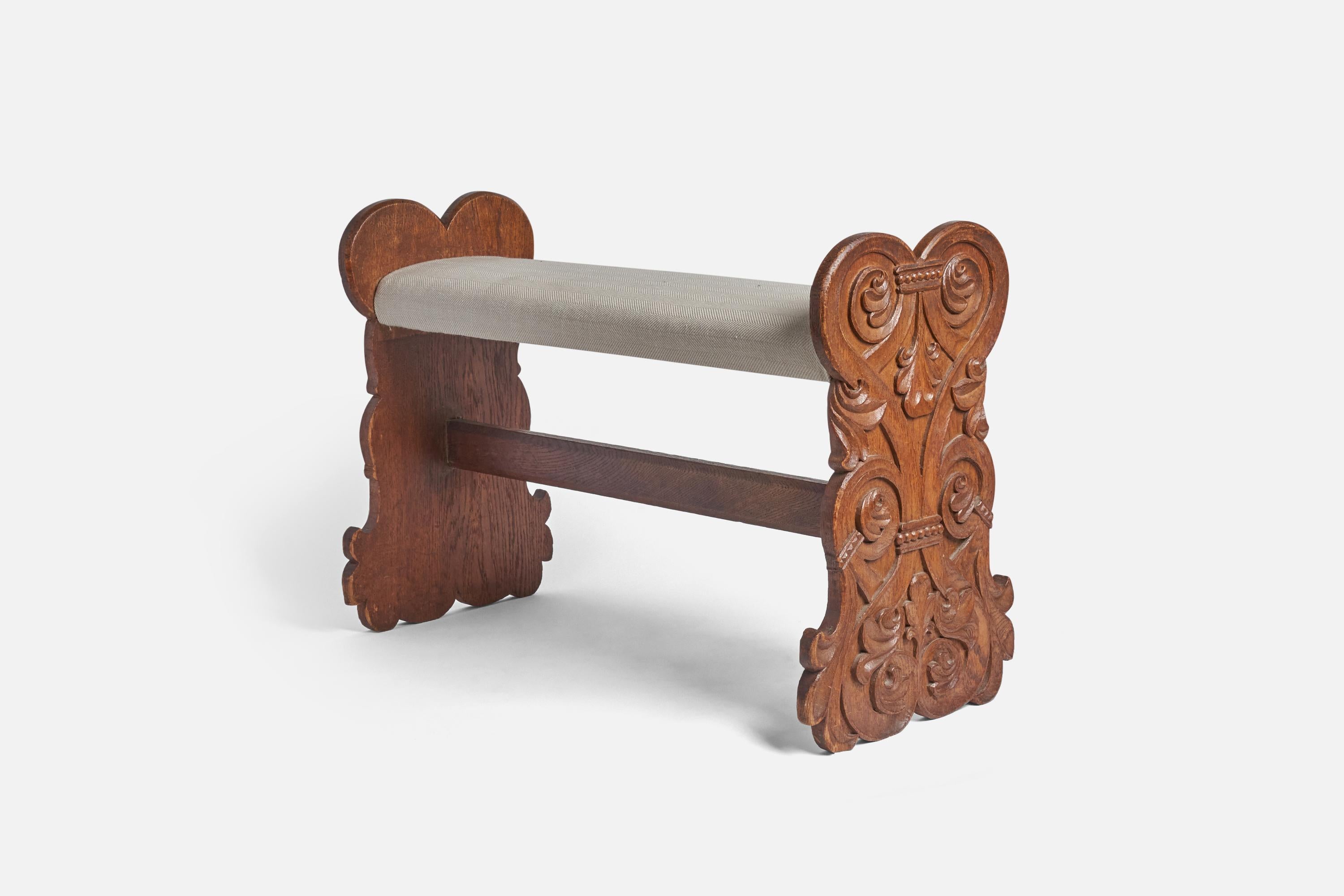 Arts and Crafts Swedish Craft, Bench, Stained Oak, Fabric, Sweden, Early 20th Century For Sale