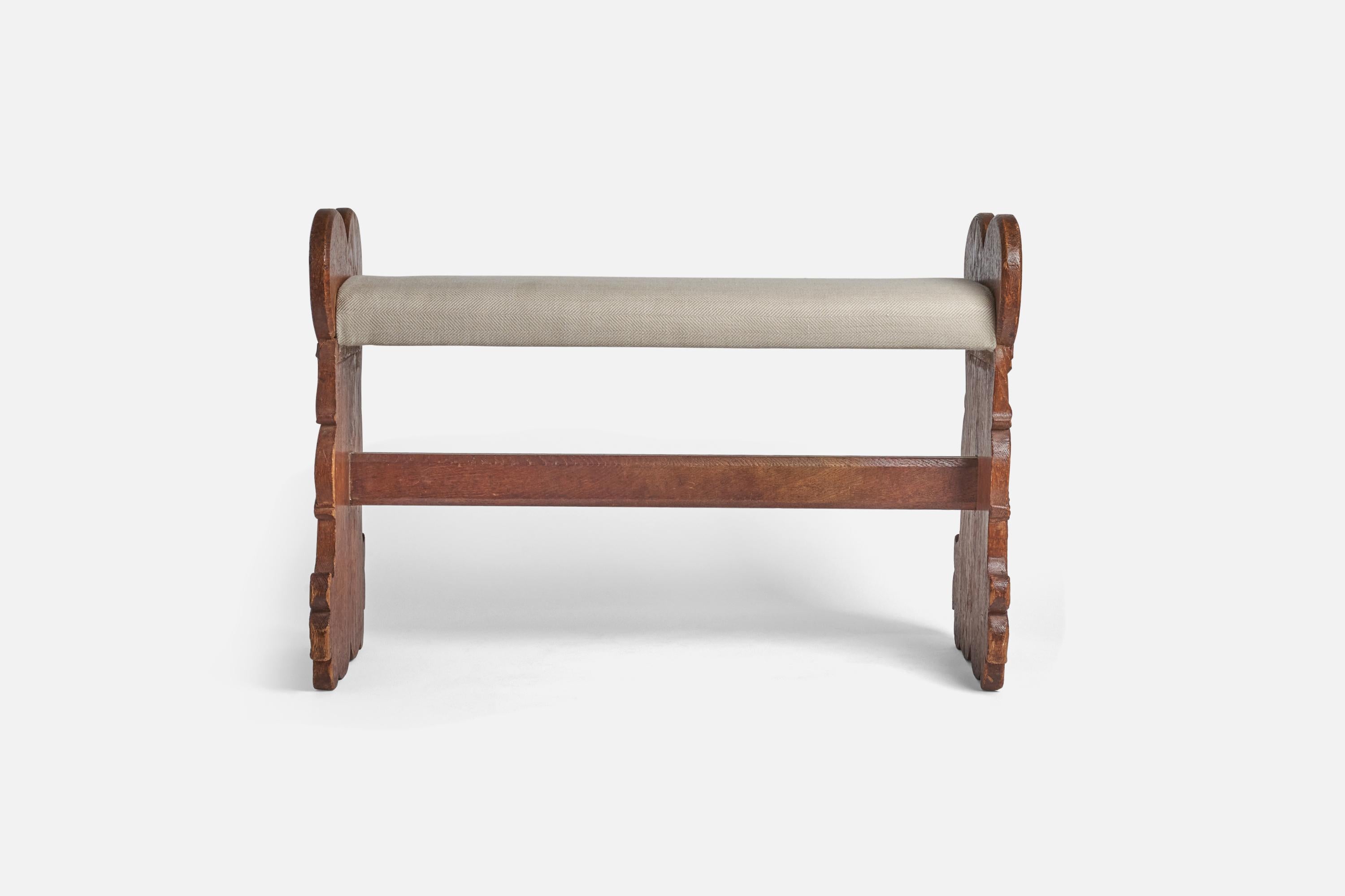Swedish Craft, Bench, Stained Oak, Fabric, Sweden, Early 20th Century In Good Condition For Sale In High Point, NC