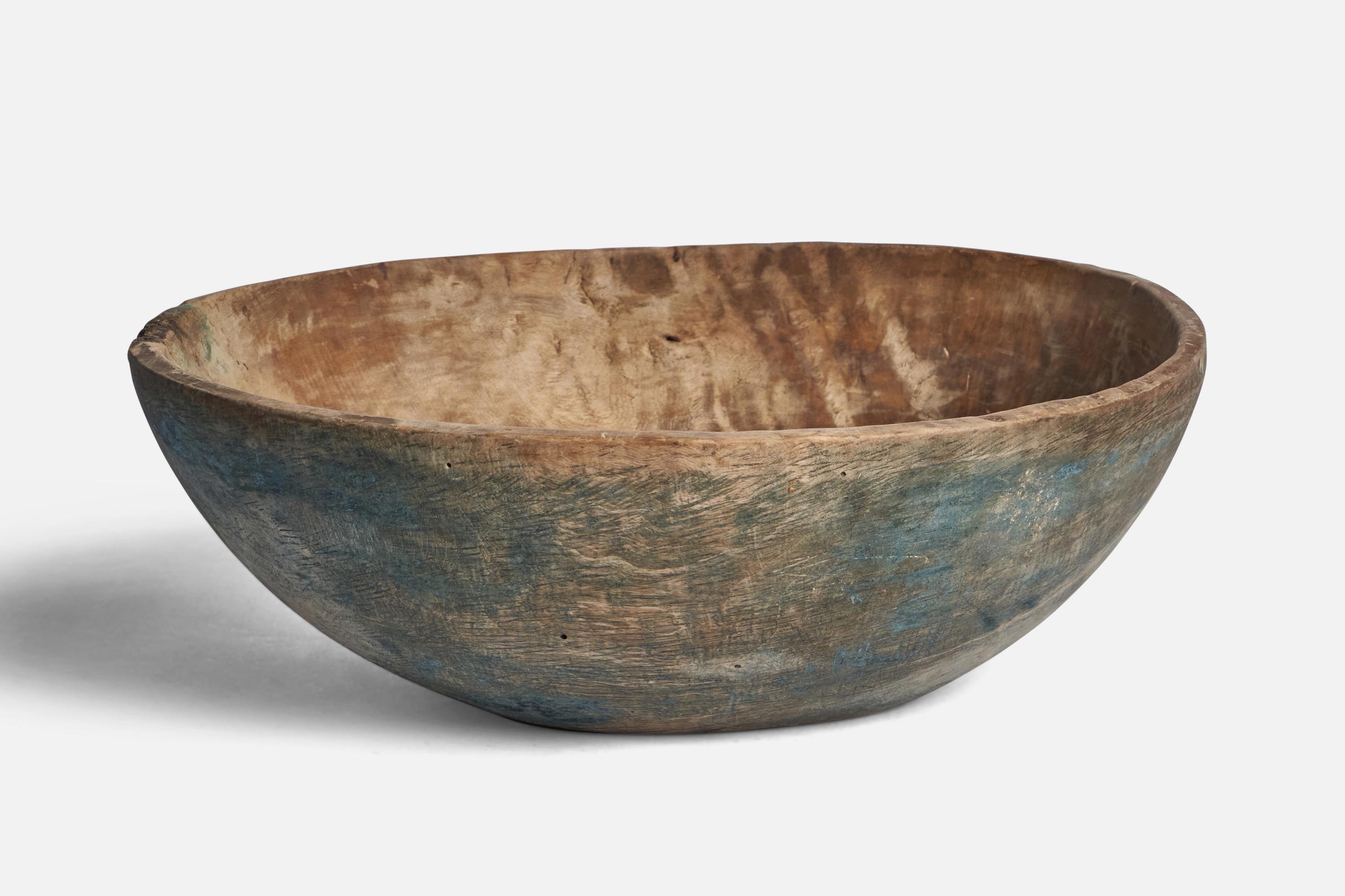 A blue-painted wooden bowl produced in Sweden, 19th century.

“JPS.R” inscription on bottom