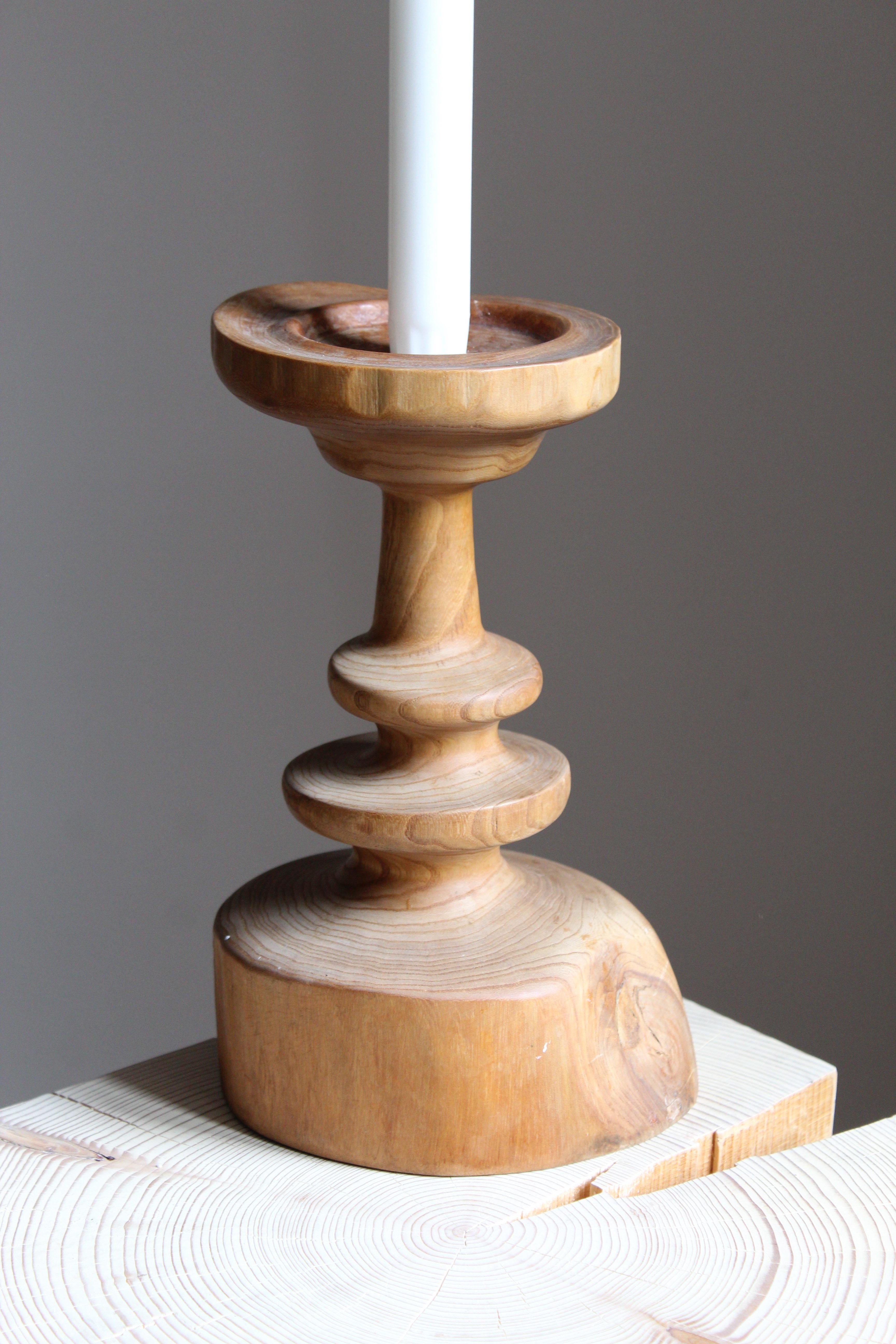 Modern Swedish Craft, Candlestick, Carved Solid Pine, Brass, Sweden, 1970s