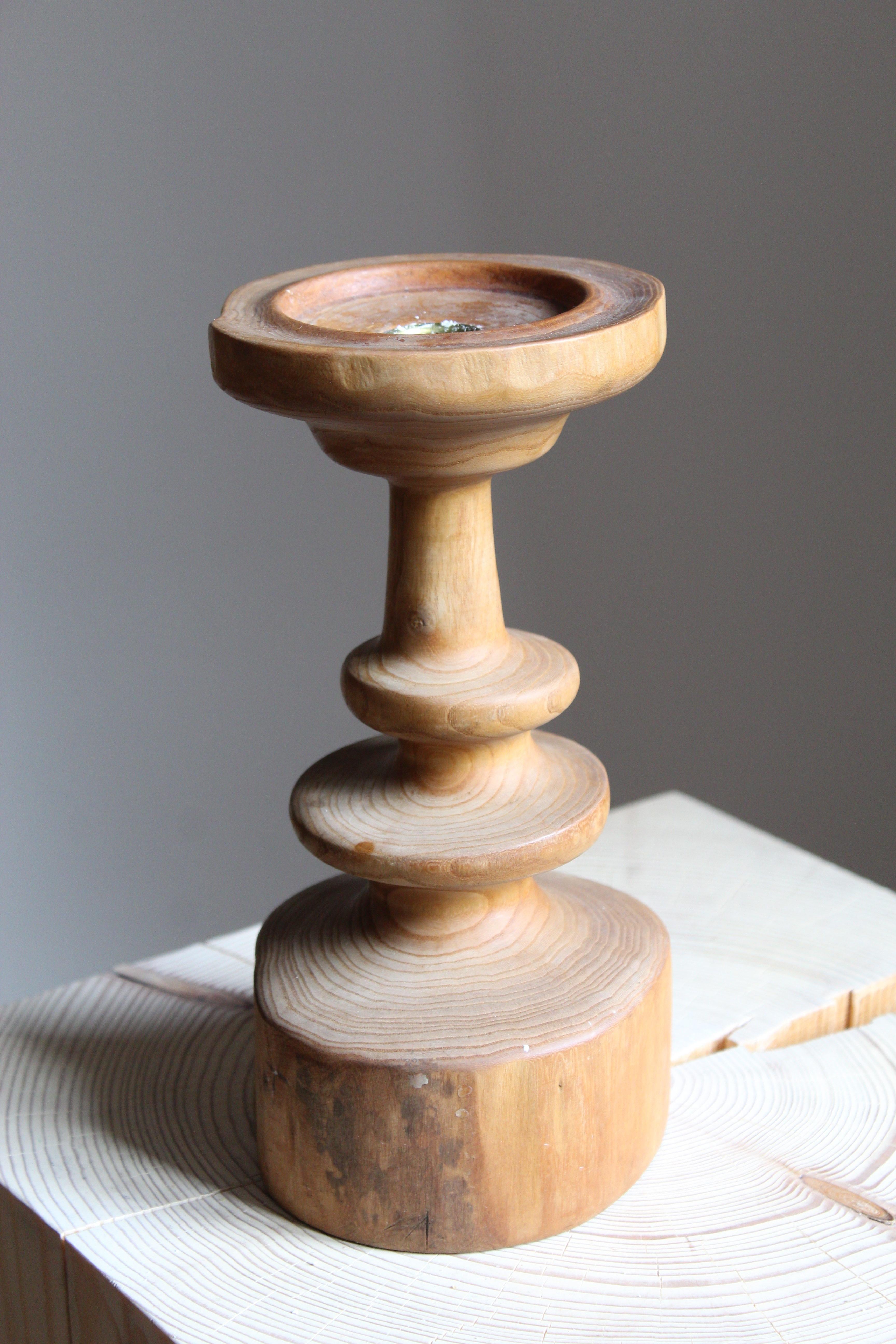 Late 20th Century Swedish Craft, Candlestick, Carved Solid Pine, Brass, Sweden, 1970s