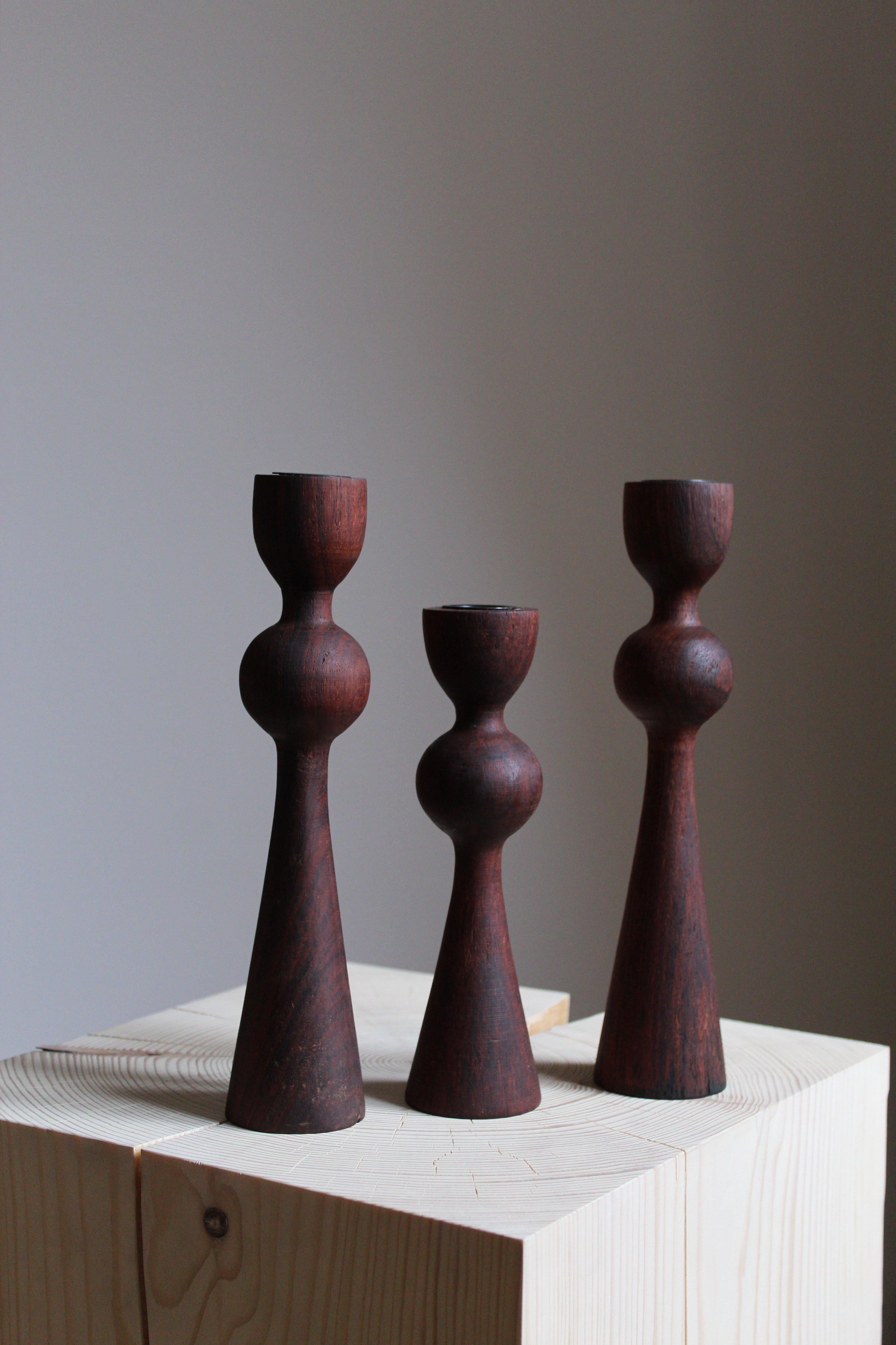 Modern Swedish Craft, Candlesticks, Stained Solid Teak, Lacquered Metal, Sweden, 1970s