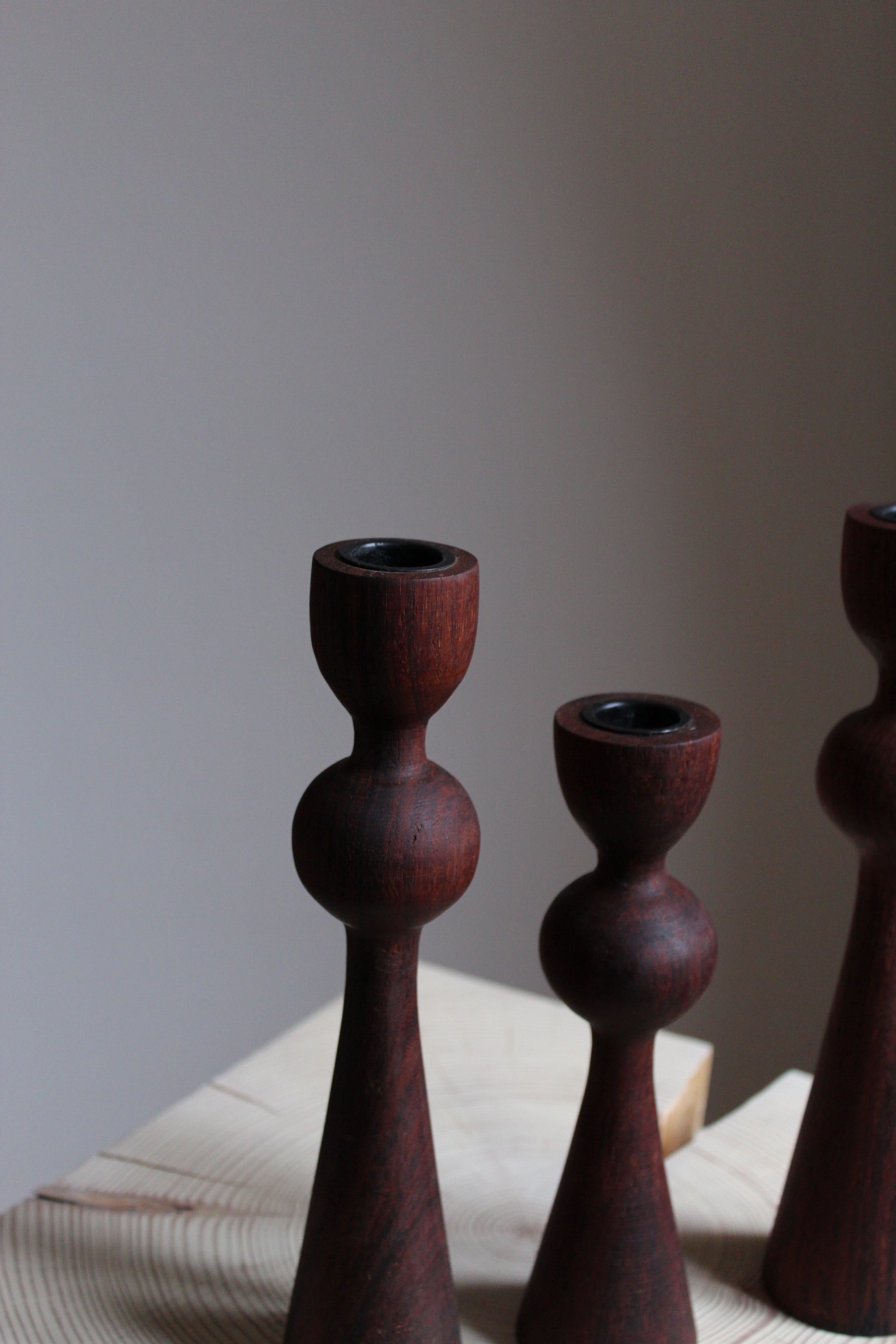 Swedish Craft, Candlesticks, Stained Solid Teak, Lacquered Metal, Sweden, 1970s In Good Condition In High Point, NC