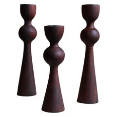 Swedish Craft, Candlesticks, Stained Solid Teak, Lacquered Metal, Sweden, 1970s
