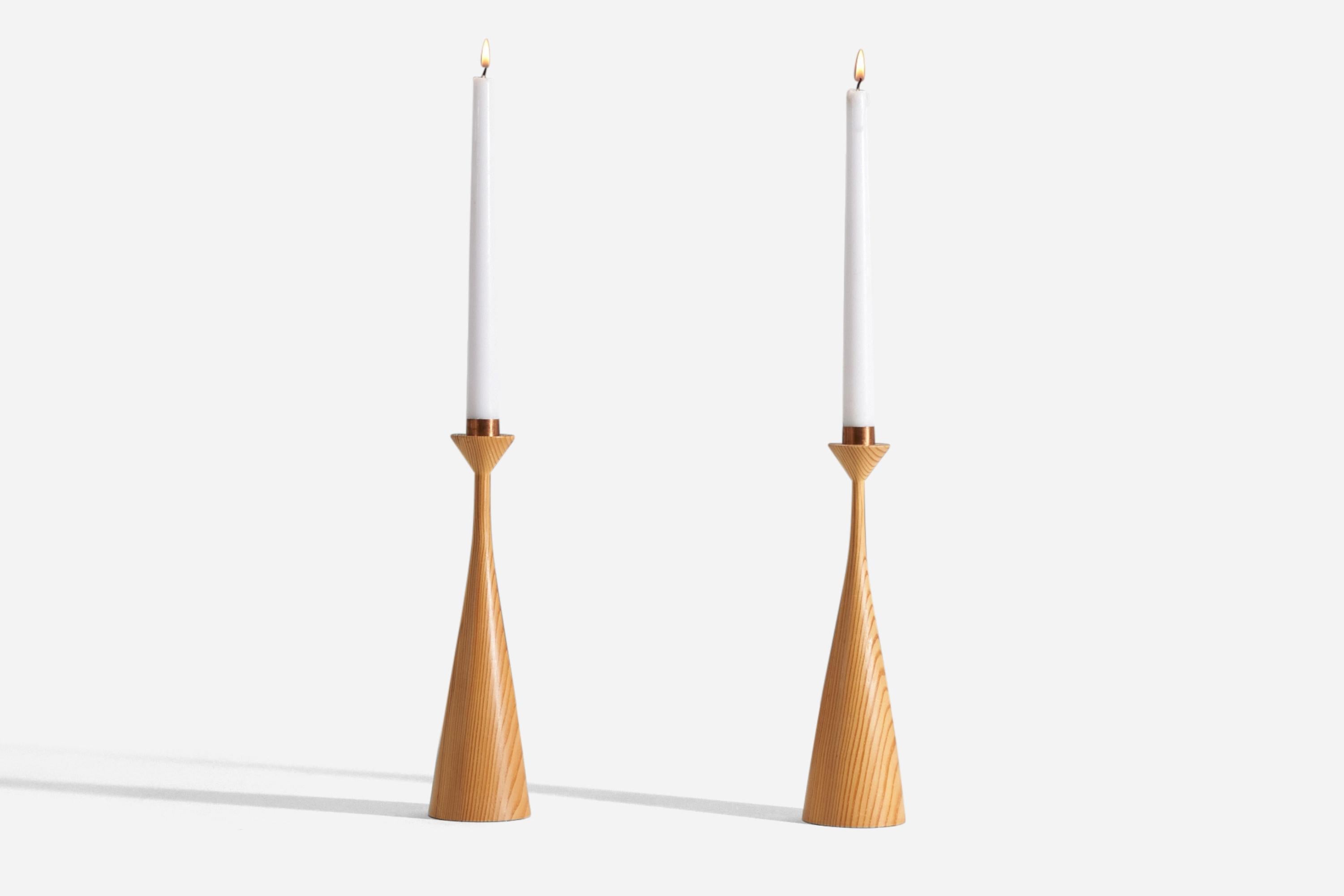 Late 20th Century Swedish Craft, Candlesticks, Turned Solid Pine, Copper, Sweden, 1970s For Sale