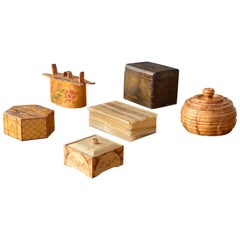 Swedish Craft Collection of Early 20th Century Lidded Boxes, Wood, Marble, 1900s