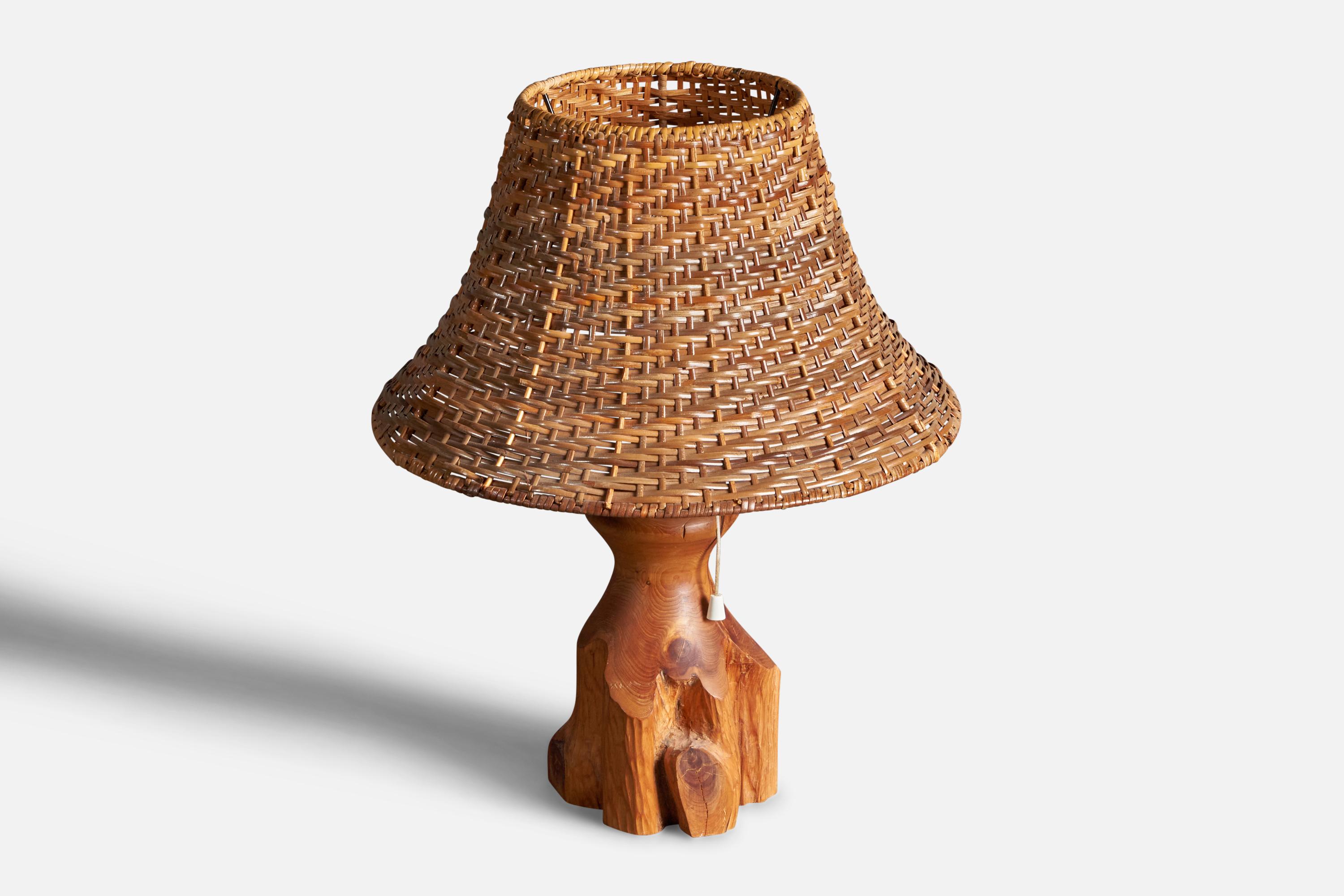 Late 20th Century Swedish craft, Free-form Table Lamp, Solid Pine, Fabric, Sweden, 1970s For Sale