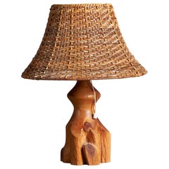 Swedish craft, Free-form Table Lamp, Solid Pine, Fabric, Sweden, 1970s