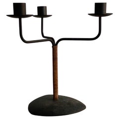 Vintage Swedish Craft, Modernist 3-Armed Candelabra, Black Metal, Cane, Sweden