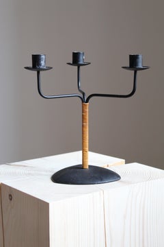 Swedish Craft, Modernist 3-Armed Candelabra, Black Metal, Cane, Sweden