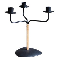 Swedish Craft, Modernist 3-Armed Candelabra, Black Metal, Cane, Sweden
