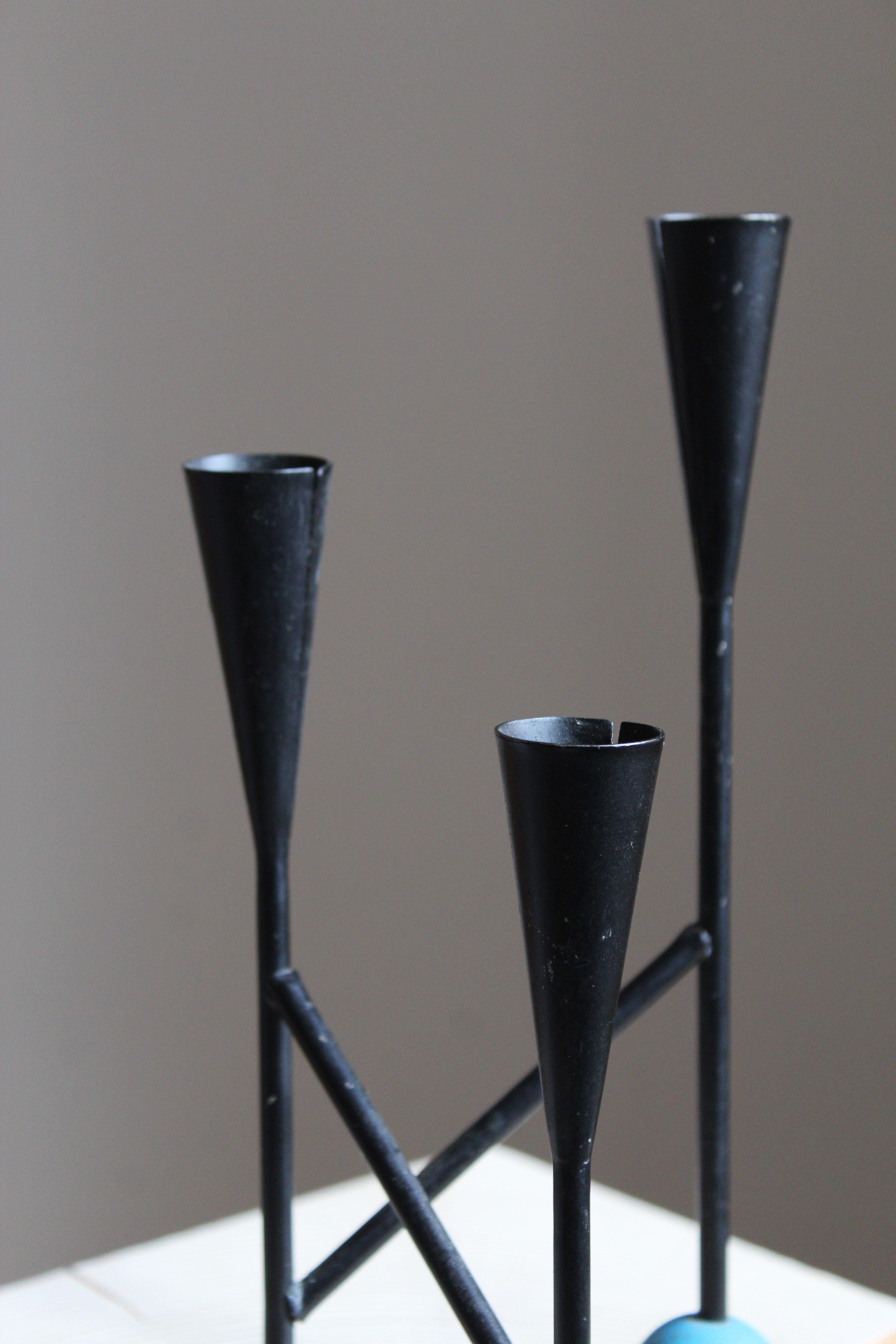 Late 20th Century Swedish Craft, Modernist 3-Armed Candelabra, Black Metal, Lacquered Wood, Sweden