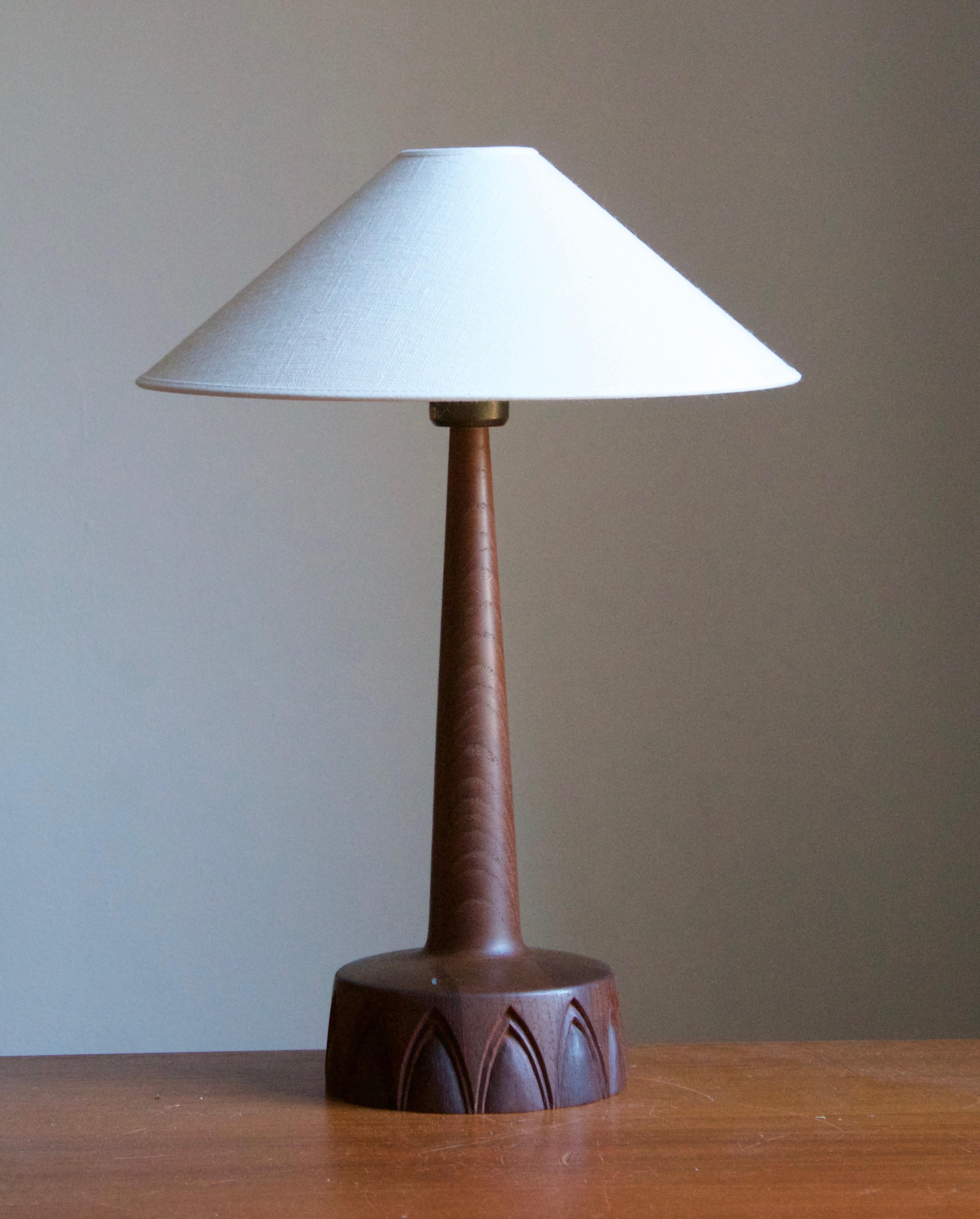 A finely sculpted teak table lamp. Produced in Sweden, 1960s. 

Dimensions without lampshades. Height includes socket. Sold without lampshade.

Other designers of the period include Hans Agne Jacobsen, Josef Frank, Palshus, Kaare Klint, and Hans