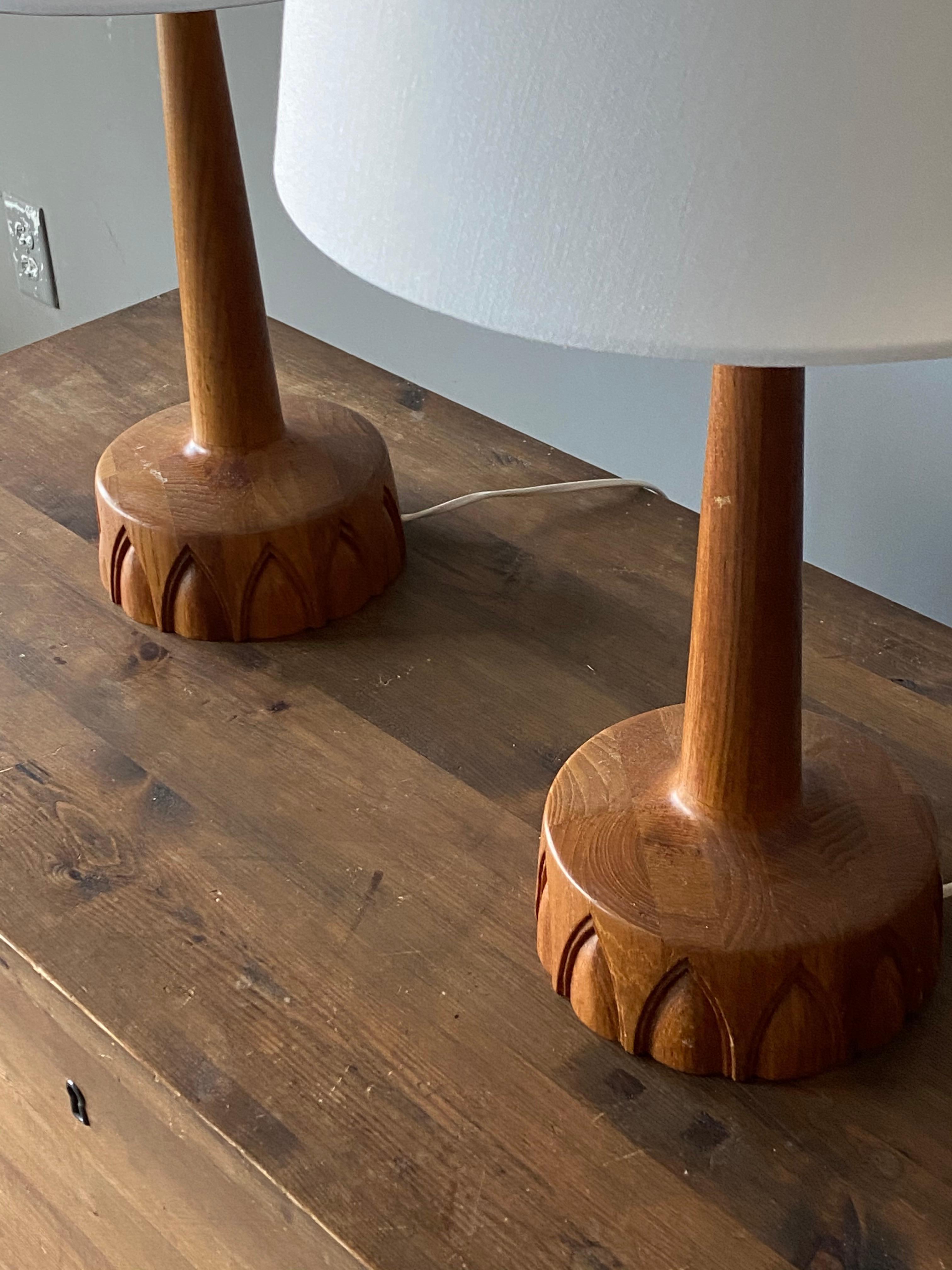 Mid-Century Modern Swedish Craft, Modernist Table Lamps, Sculpted Solid Teak, Sweden, 1960s