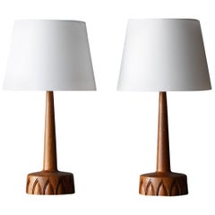 Swedish Craft, Modernist Table Lamps, Sculpted Solid Teak, Sweden, 1960s