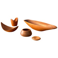 Swedish Craft, Teak Bowls and Lidded Jar, Organic Sculpted Teak, Sweden, 1950s