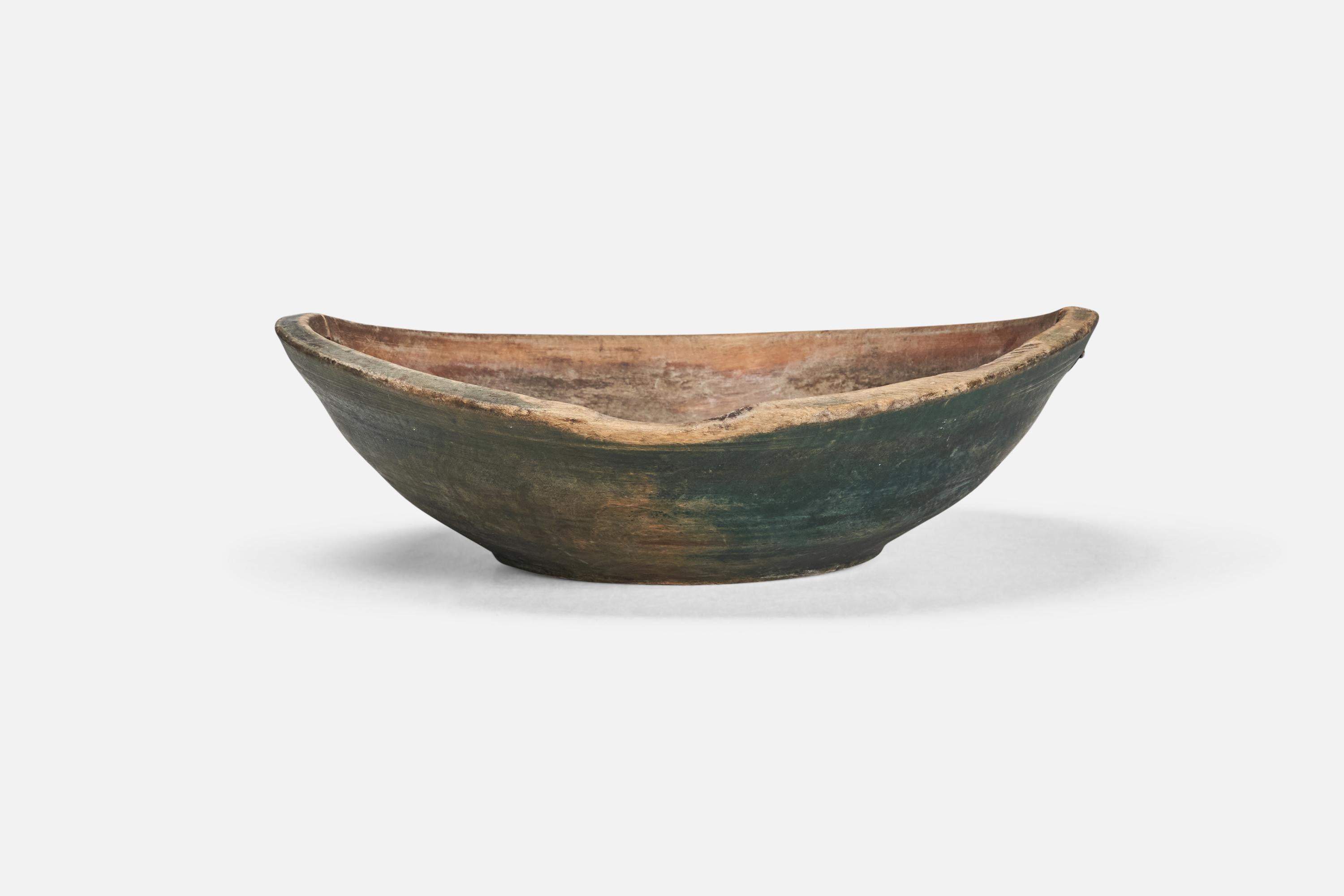 Swedish Craft, Unique Large Organic Bowl, Green Painted Wood Metal, 18th Century In Distressed Condition For Sale In High Point, NC