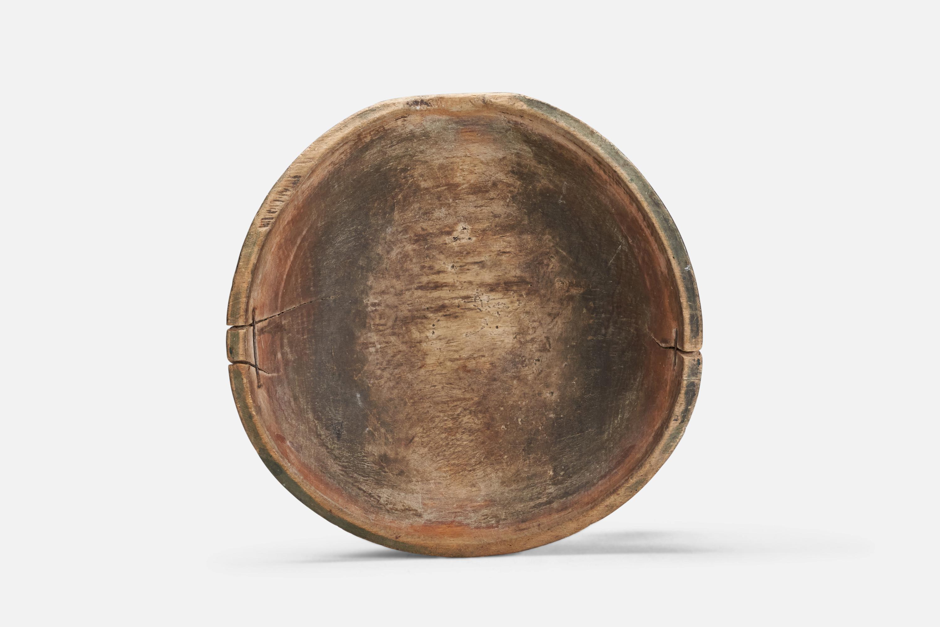 19th Century Swedish Craft, Unique Large Organic Bowl, Green Painted Wood Metal, 18th Century For Sale