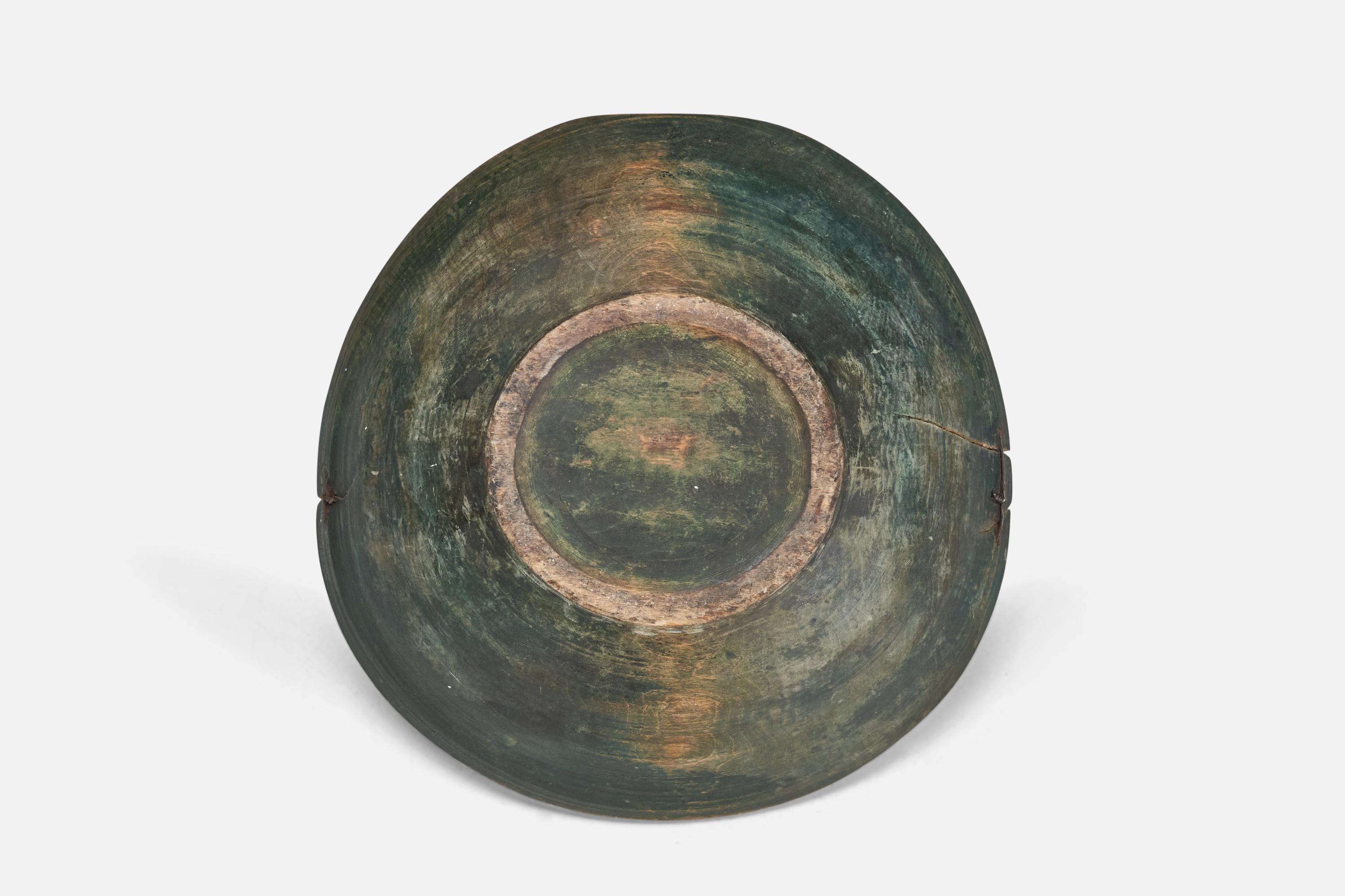 Swedish Craft, Unique Large Organic Bowl, Green Painted Wood Metal, 18th Century For Sale 1