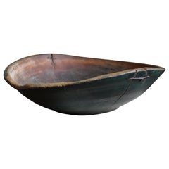 Swedish Craft, Unique Large Organic Bowl, Green Painted Wood Metal, 18th Century