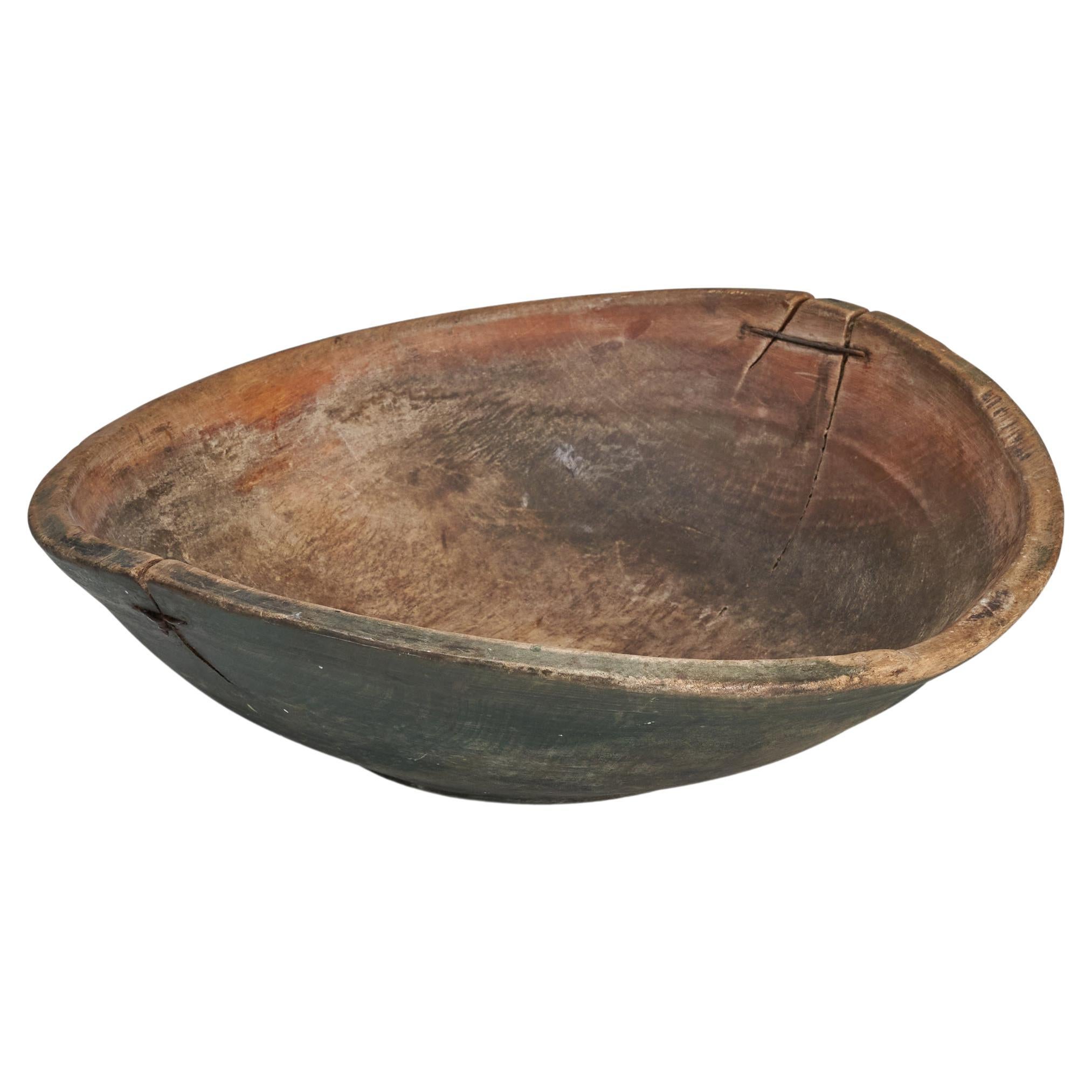 Swedish Craft, Unique Large Organic Bowl, Green Painted Wood Metal, 18th Century For Sale