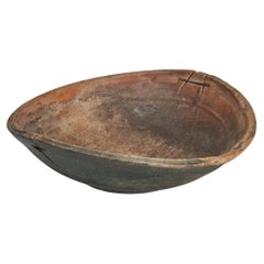 Swedish Craft, Unique Large Organic Bowl, Green Painted Wood Metal, 18th Century