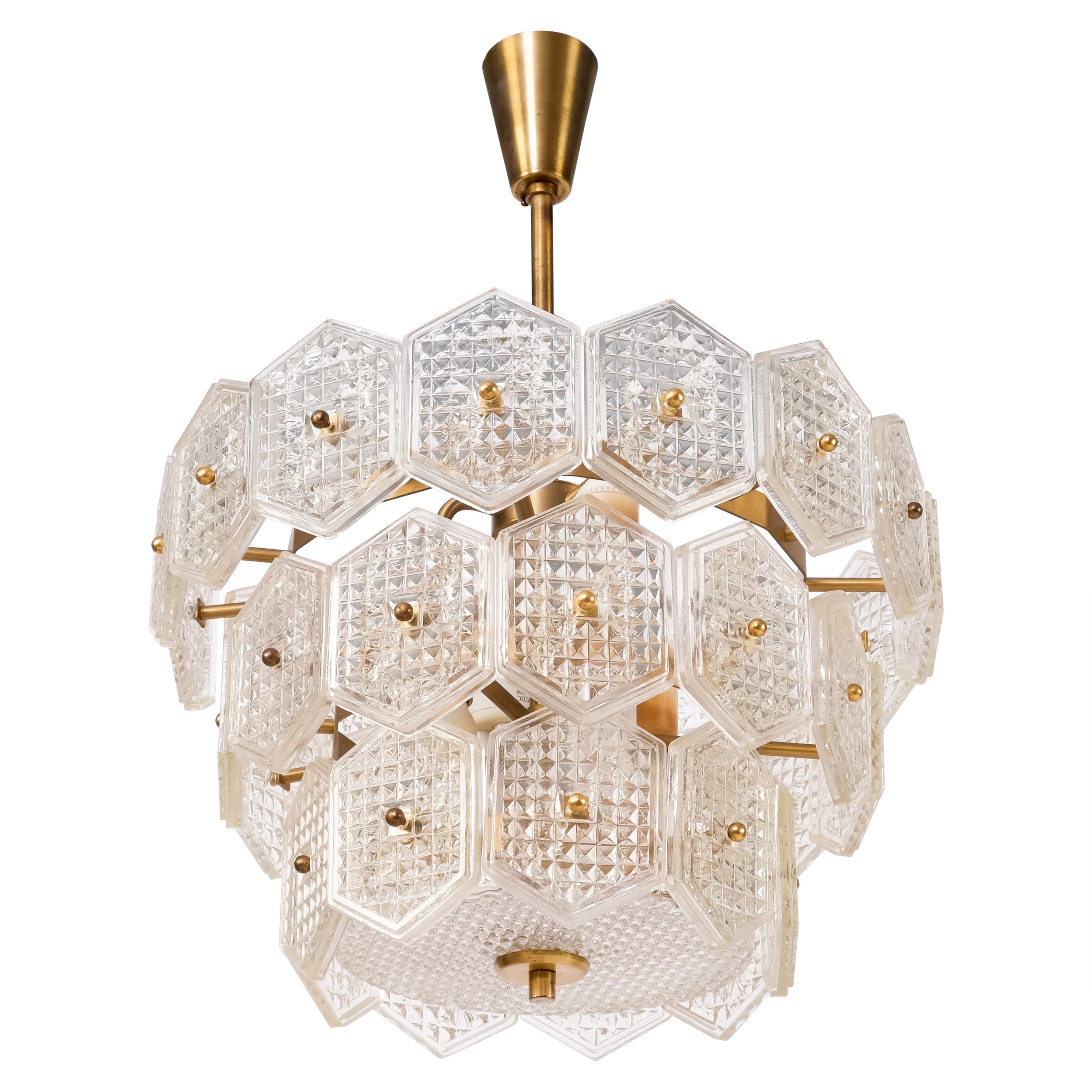 Swedish Crystal and Brass Chandelier, 1960s