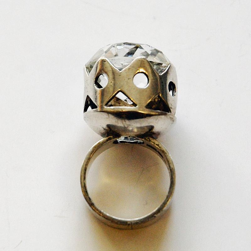 Mid-Century Modern Swedish Crystal Brilliantcut Stone Silver Ring by Kaplan Stockholm, 1967