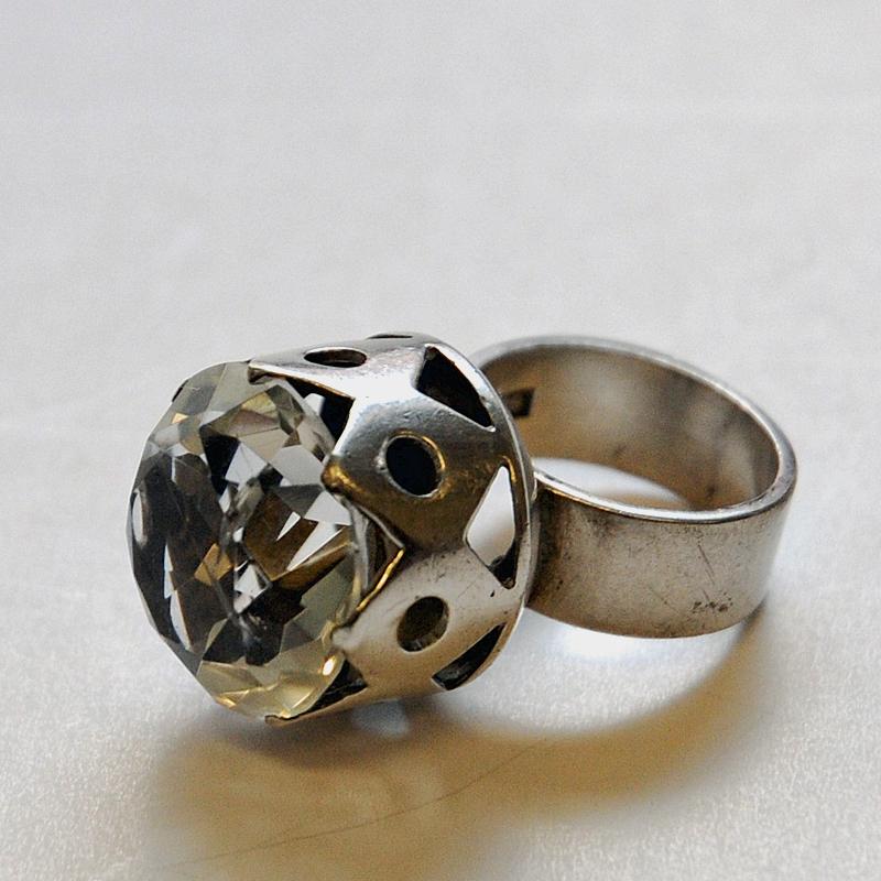 Swedish Crystal Brilliantcut Stone Silver Ring by Kaplan Stockholm, 1967 2